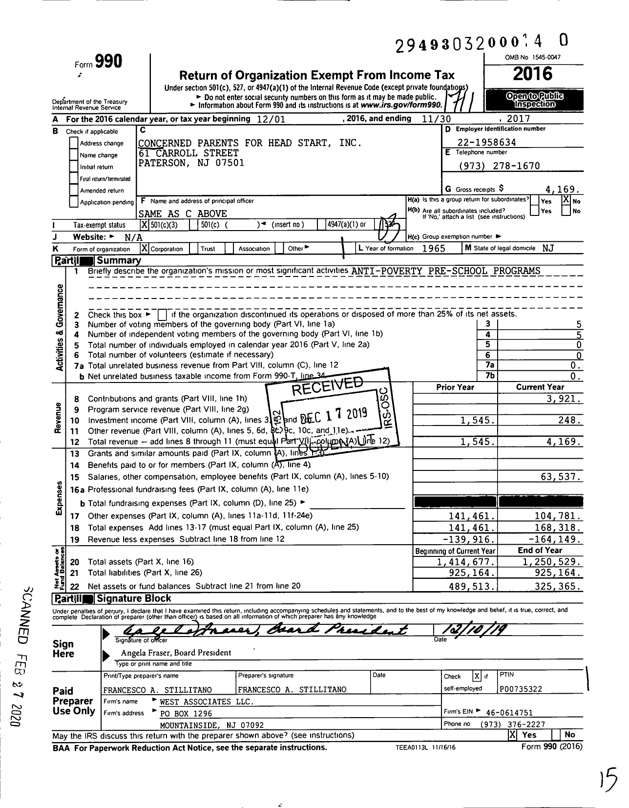 Image of first page of 2016 Form 990 for Concerned Parents for Head Start