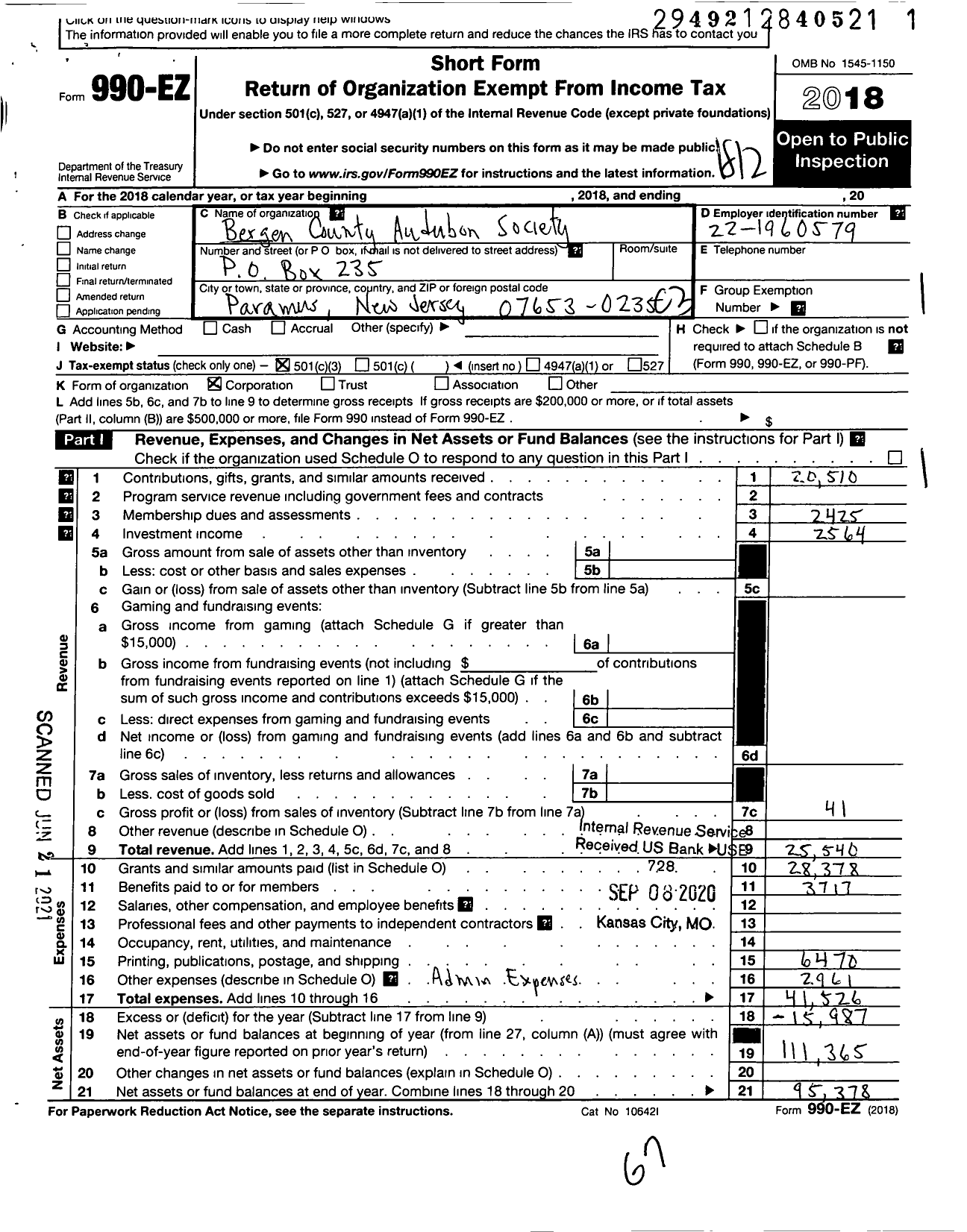 Image of first page of 2018 Form 990EZ for Bergen County Audubon Society