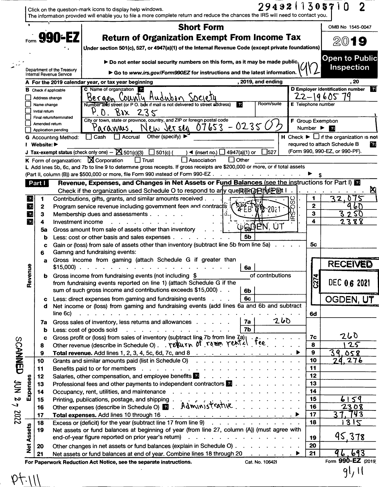 Image of first page of 2019 Form 990EZ for Bergen County Audubon Society