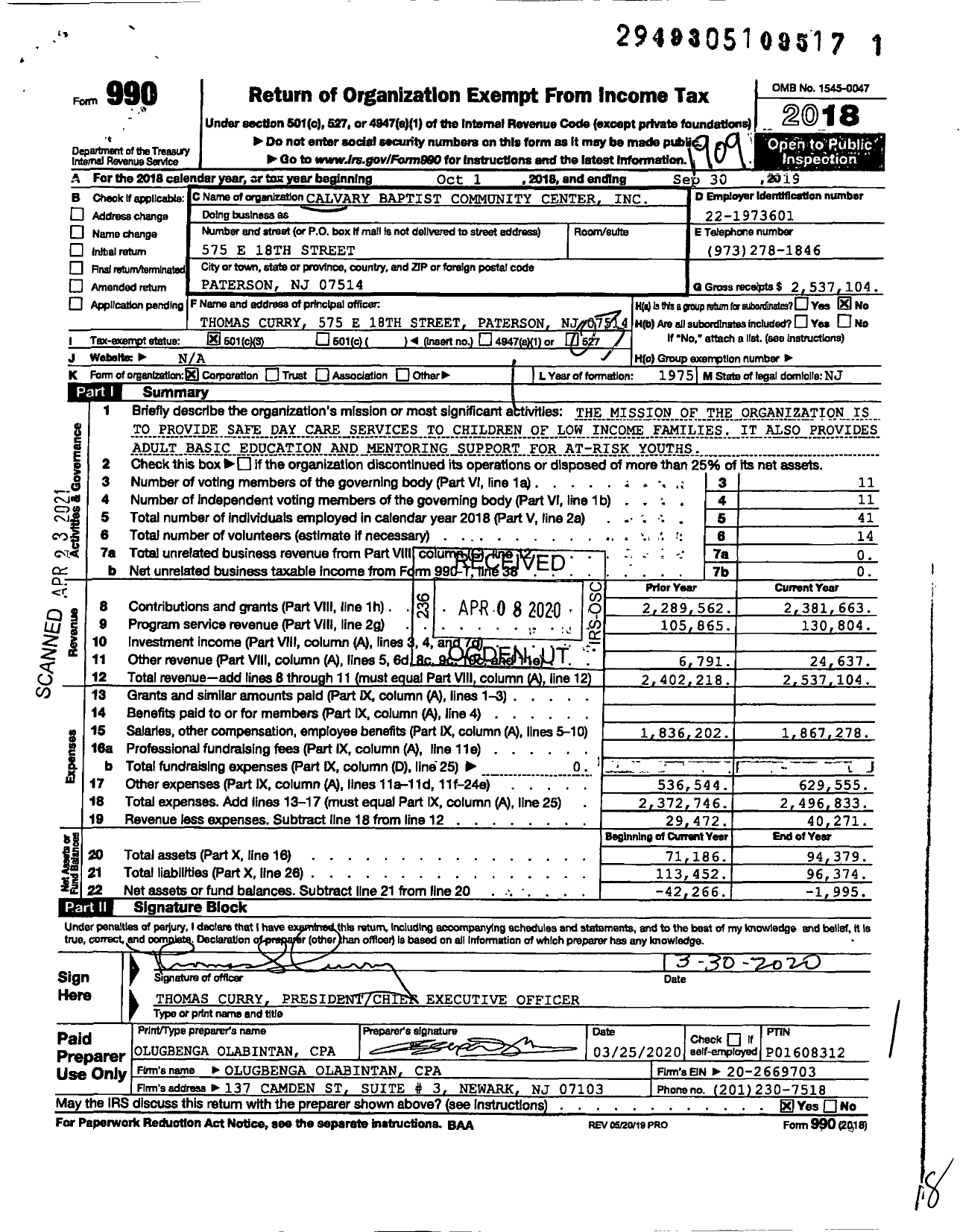 Image of first page of 2018 Form 990 for Calvary Baptist Community Center