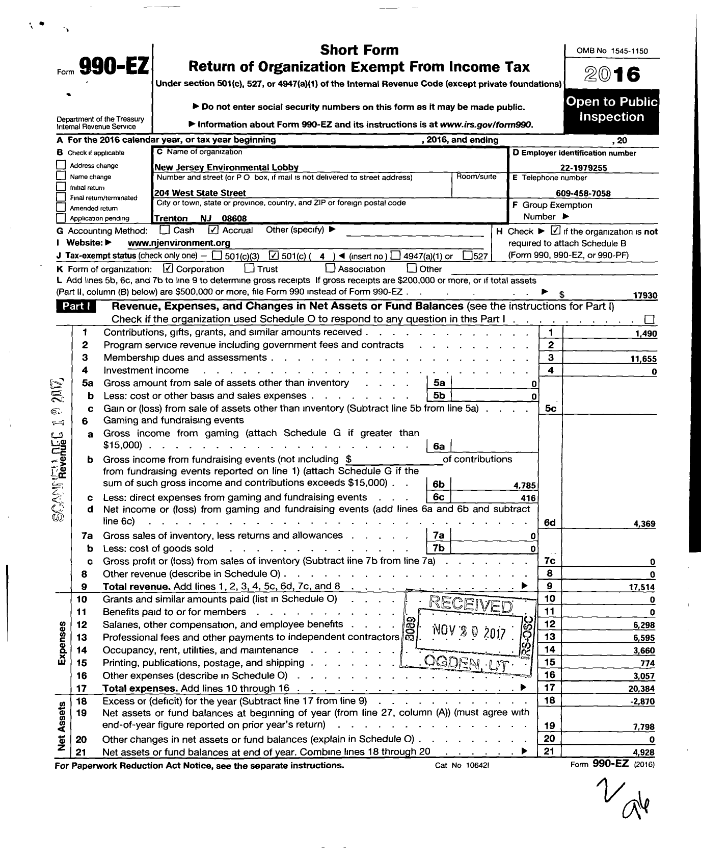 Image of first page of 2016 Form 990EO for New Jersey Environmental Lobby