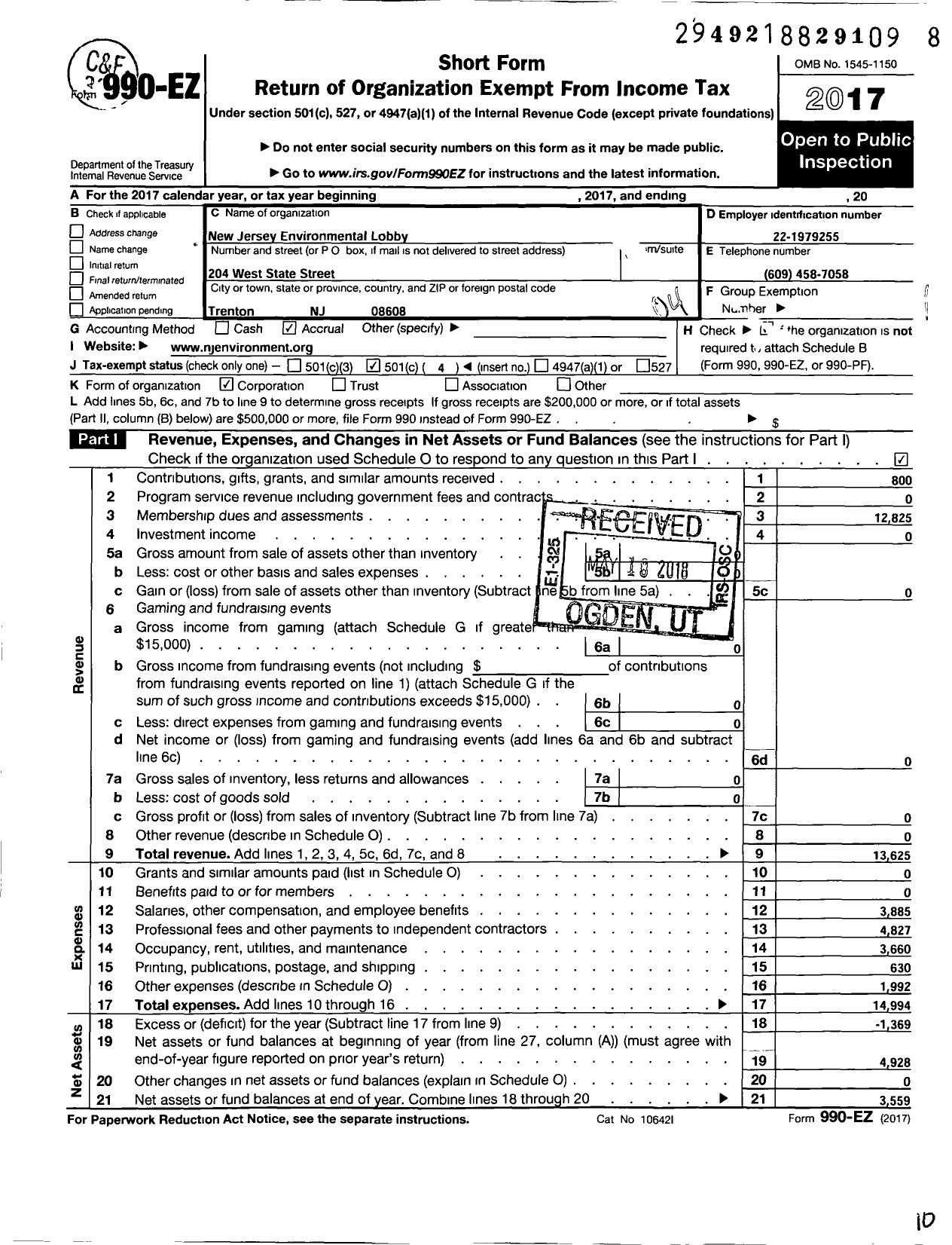 Image of first page of 2017 Form 990EO for New Jersey Environmental Lobby