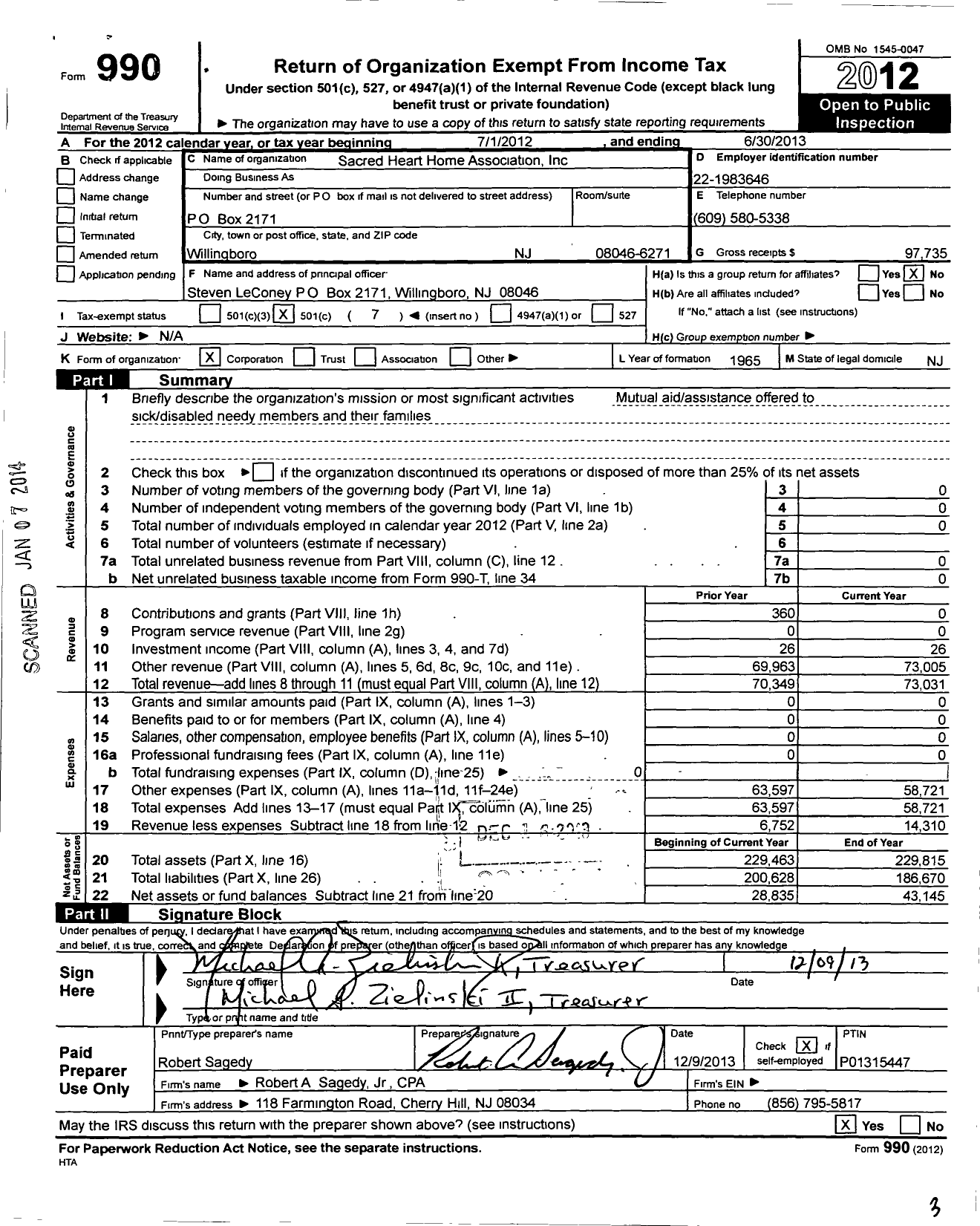 Image of first page of 2012 Form 990O for Sacred Heart Home Association