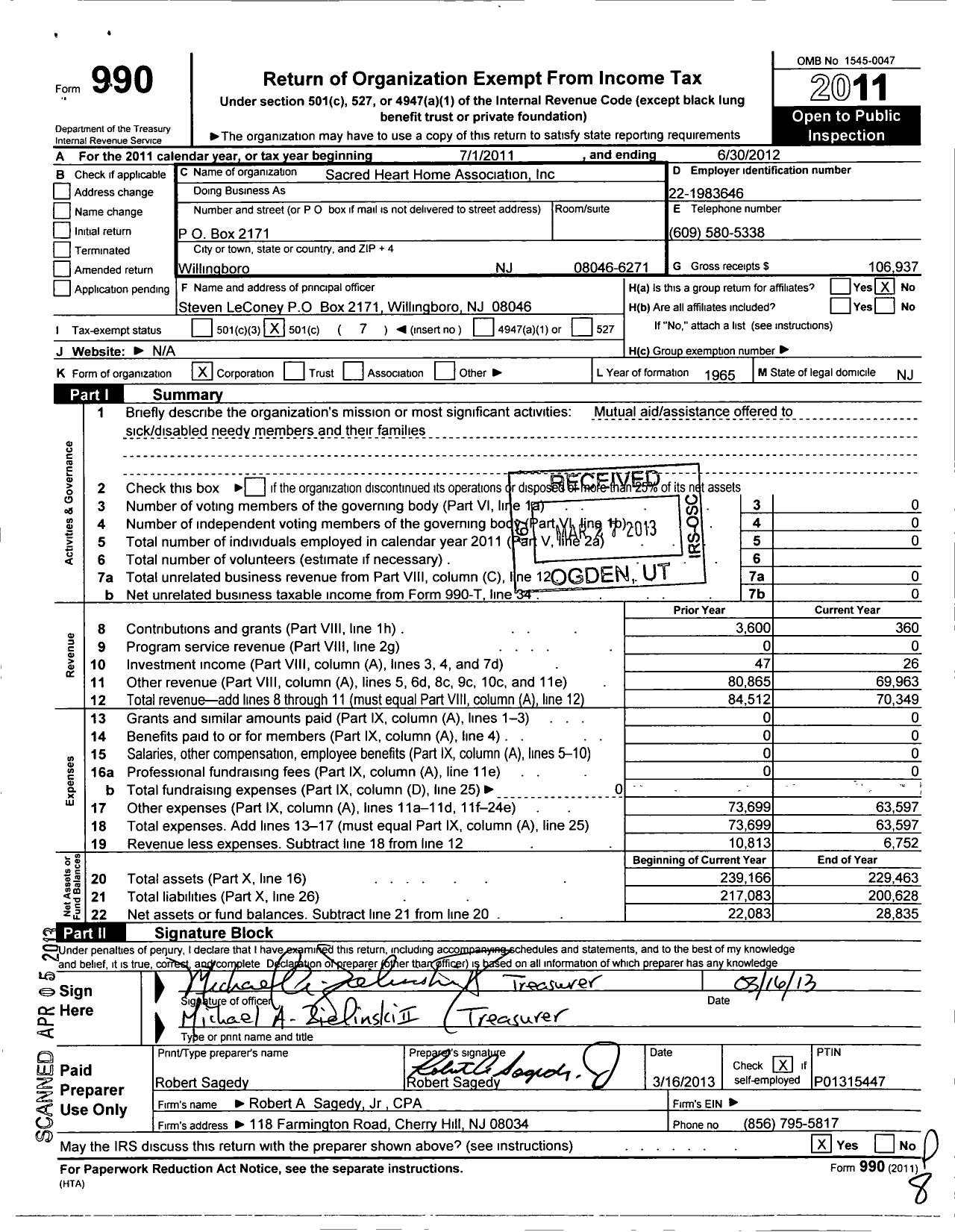 Image of first page of 2011 Form 990O for Sacred Heart Home Association