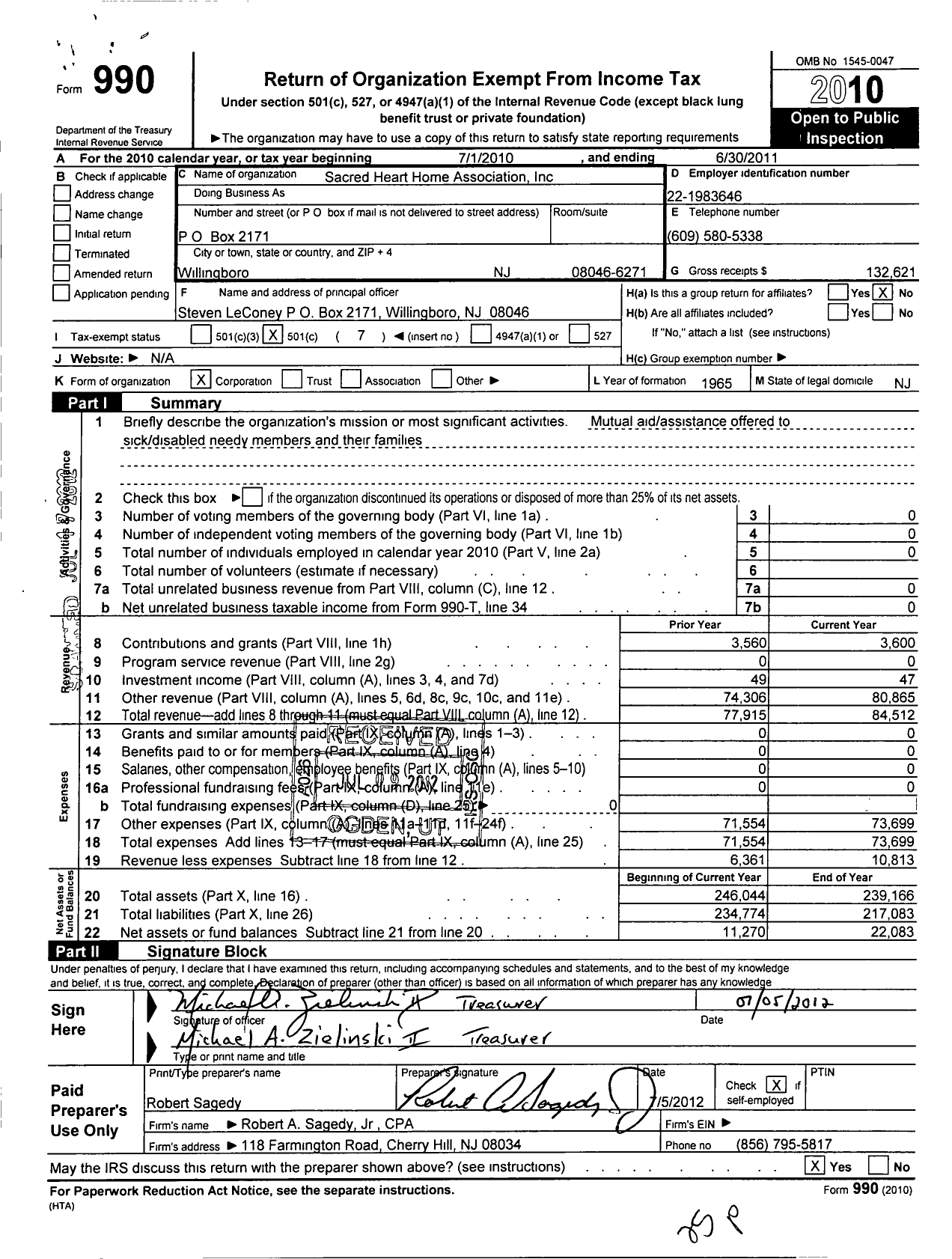 Image of first page of 2010 Form 990O for Sacred Heart Home Association