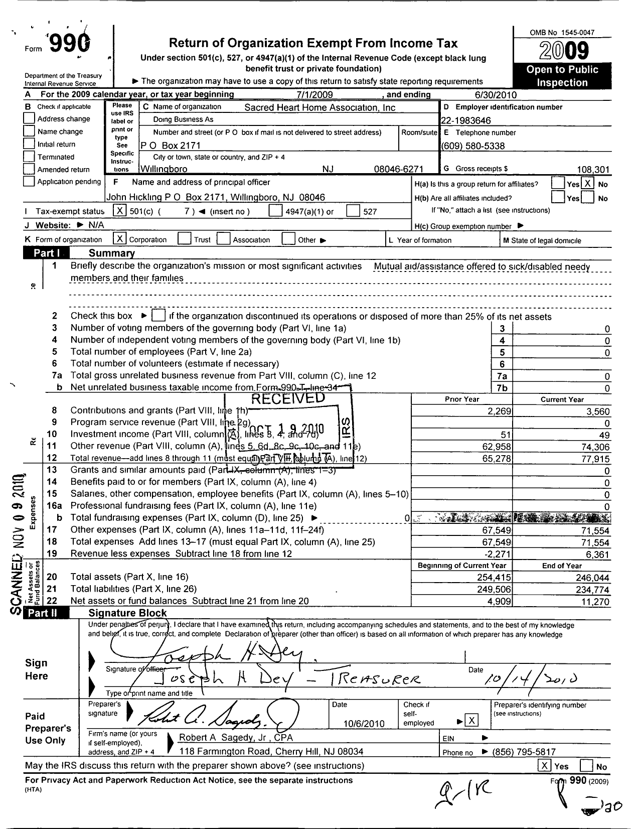 Image of first page of 2009 Form 990O for Sacred Heart Home Association