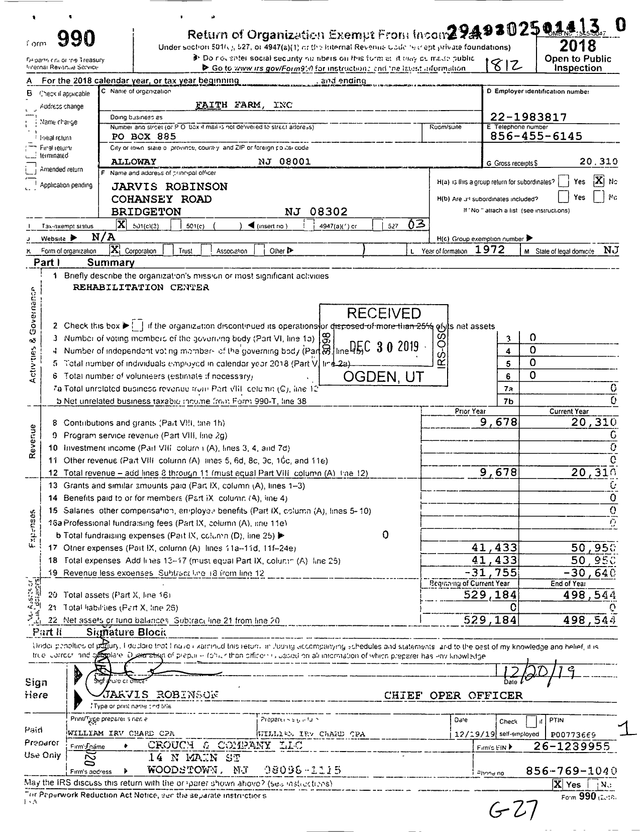 Image of first page of 2018 Form 990 for Faith Farm