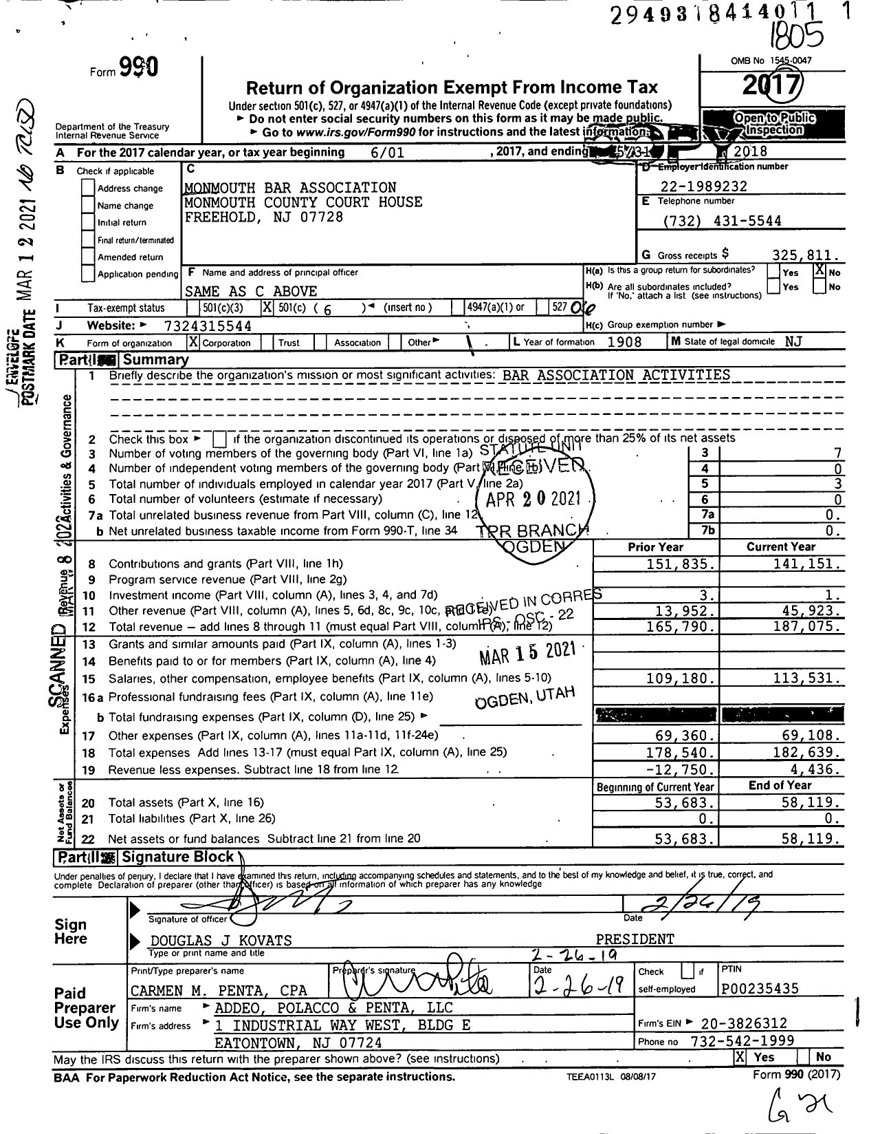 Image of first page of 2017 Form 990O for Monmouth Bar Association