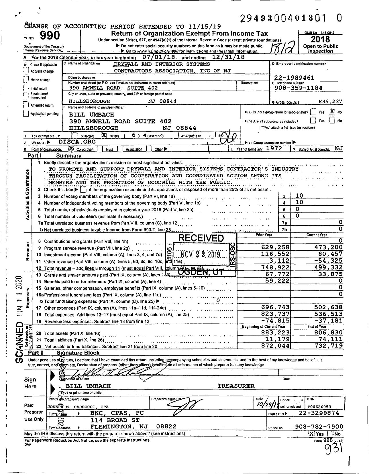 Image of first page of 2018 Form 990O for Drywall and Interior Systems Contractors Association Inc of NJ