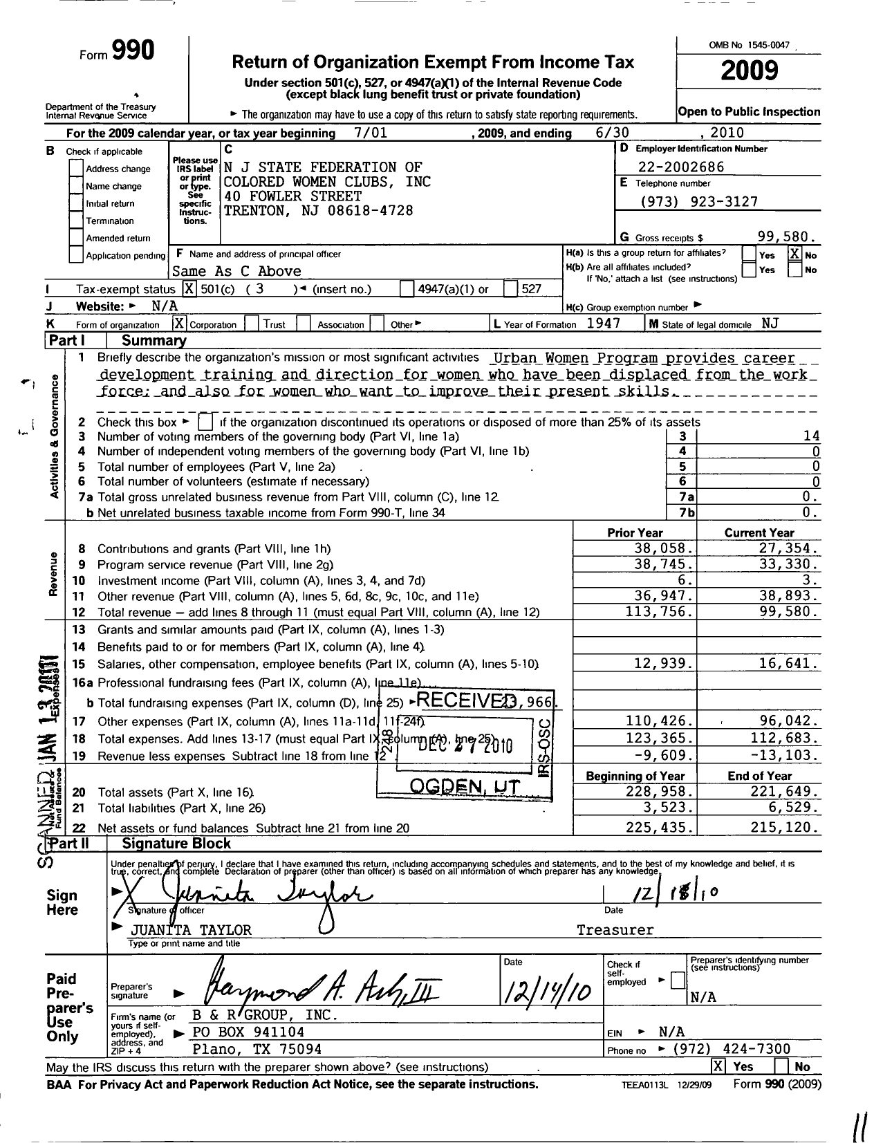 Image of first page of 2009 Form 990 for N J State Federation of Colored Womens Clubs