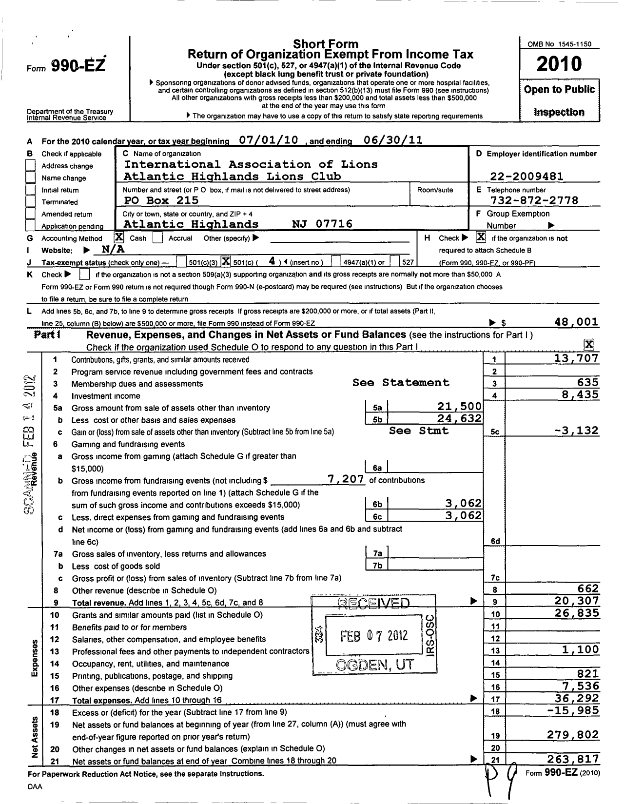 Image of first page of 2010 Form 990EO for Lions Clubs - 6686 Atlantic Highlands