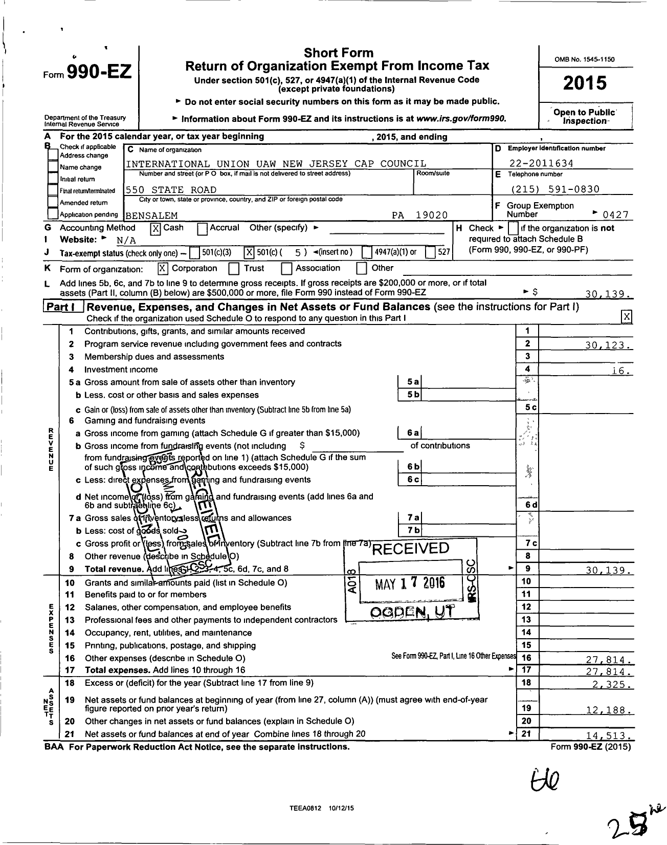 Image of first page of 2015 Form 990EO for International Union Uaw New Jersey Cap Council