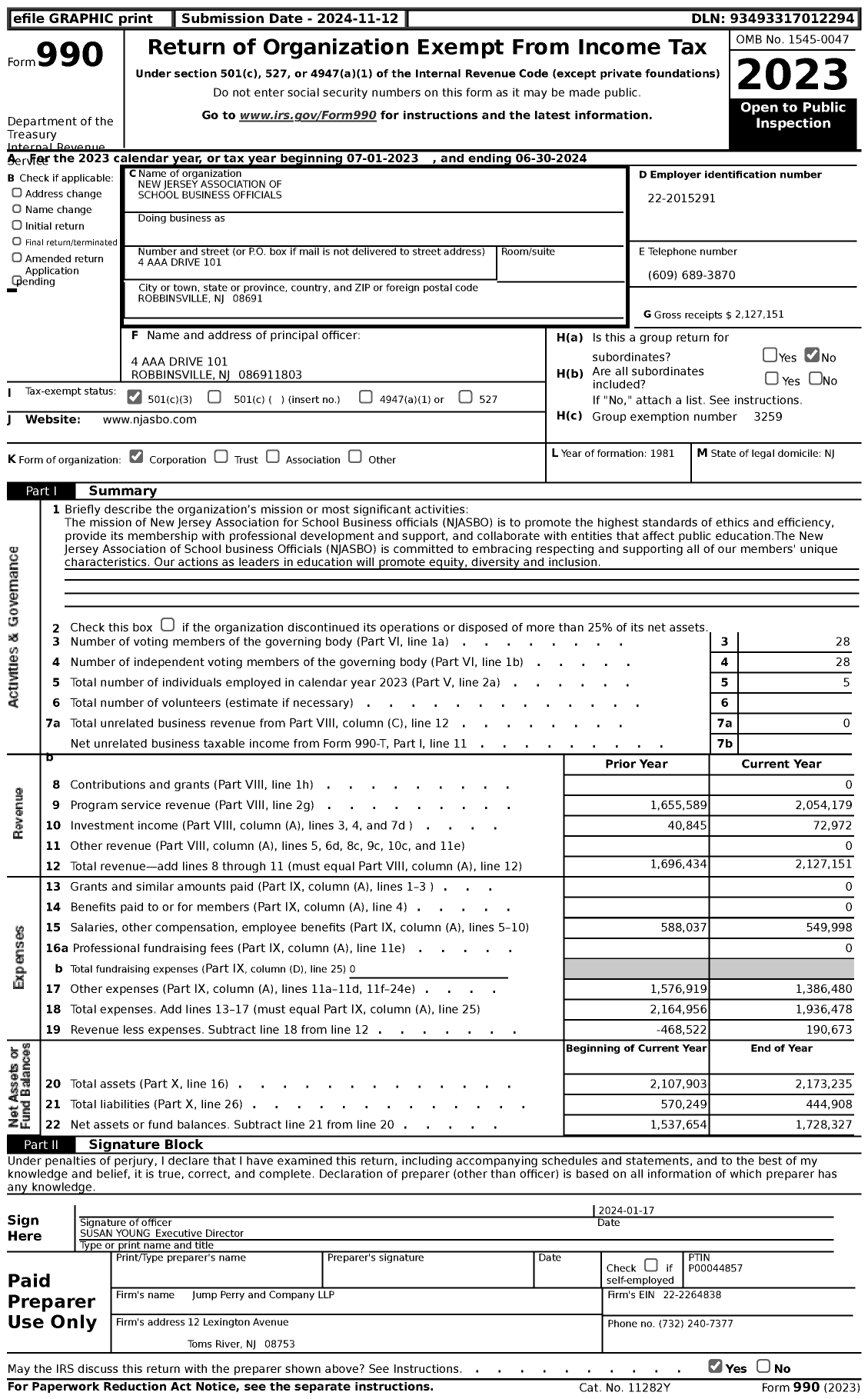 Image of first page of 2023 Form 990 for New Jersey Association of School Business Officials (NJASBO)