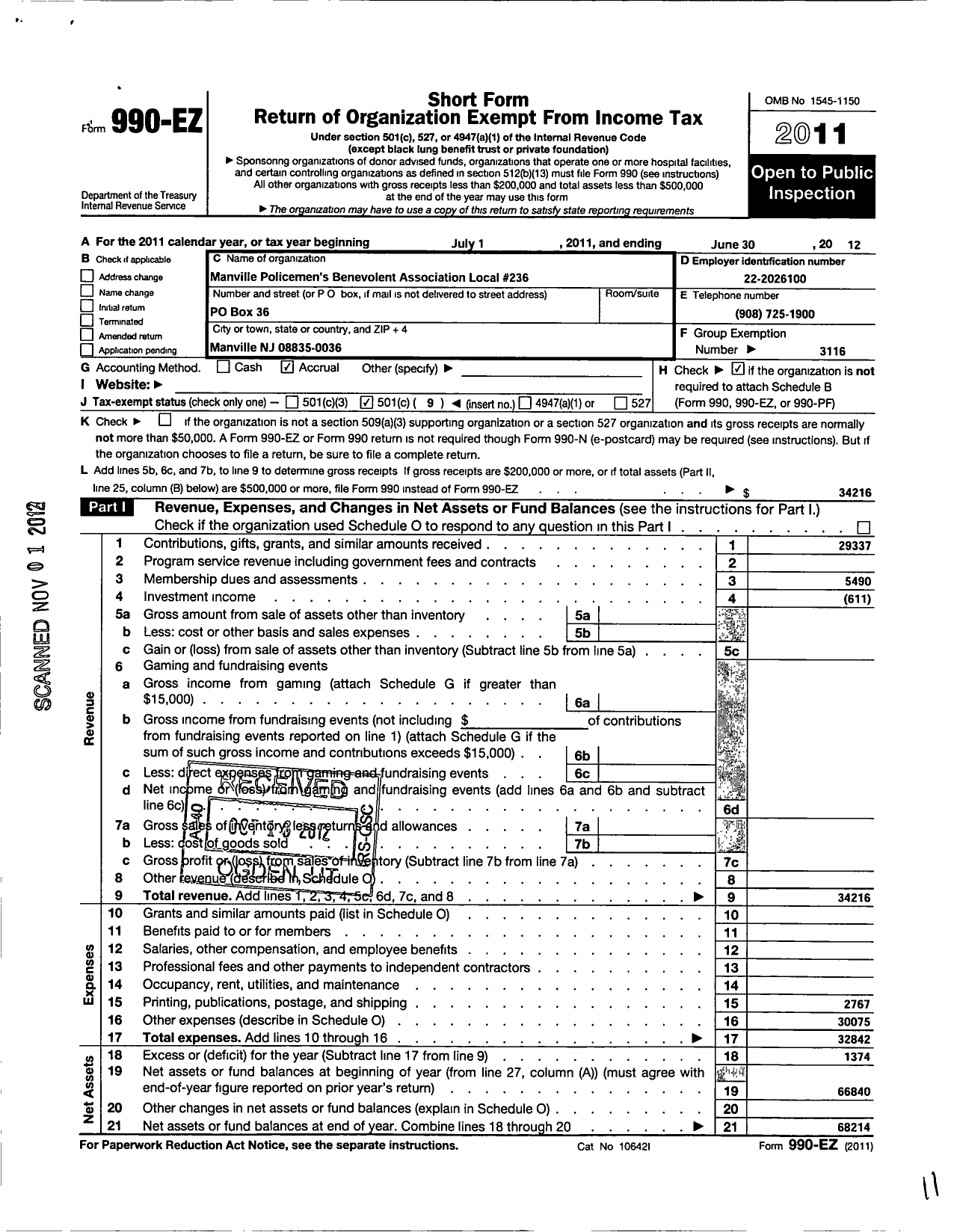 Image of first page of 2011 Form 990EO for New Jersey State Policemens Benevolent Association