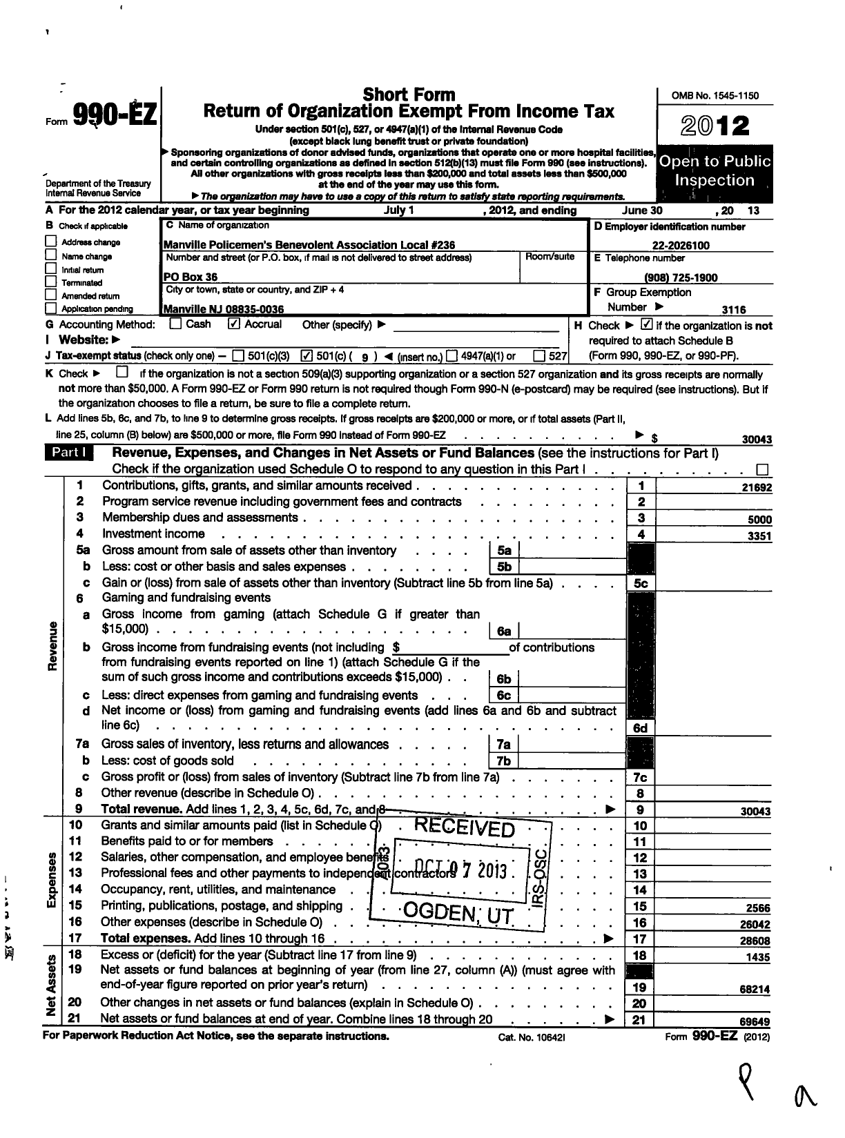 Image of first page of 2012 Form 990EO for New Jersey State Policemens Benevolent Association