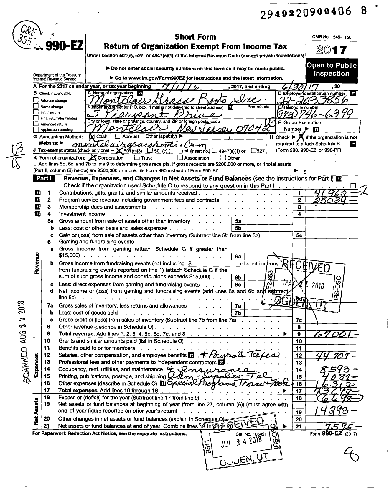 Image of first page of 2016 Form 990EZ for Montclair Grass Roots