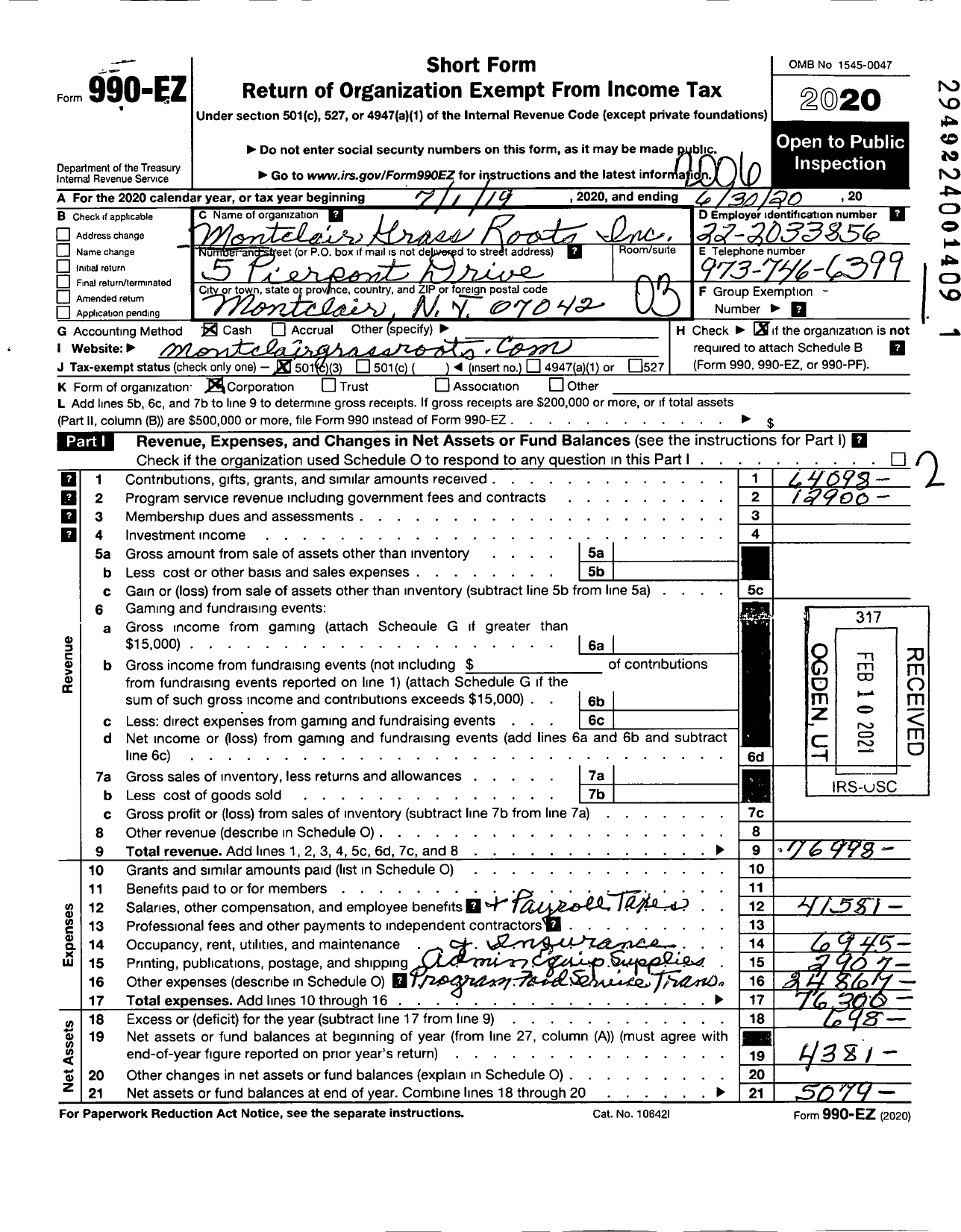 Image of first page of 2019 Form 990EZ for Montclair Grass Roots