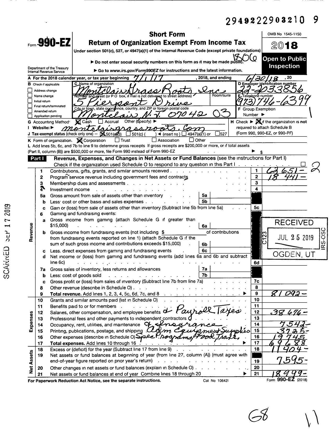 Image of first page of 2017 Form 990EZ for Montclair Grass Roots