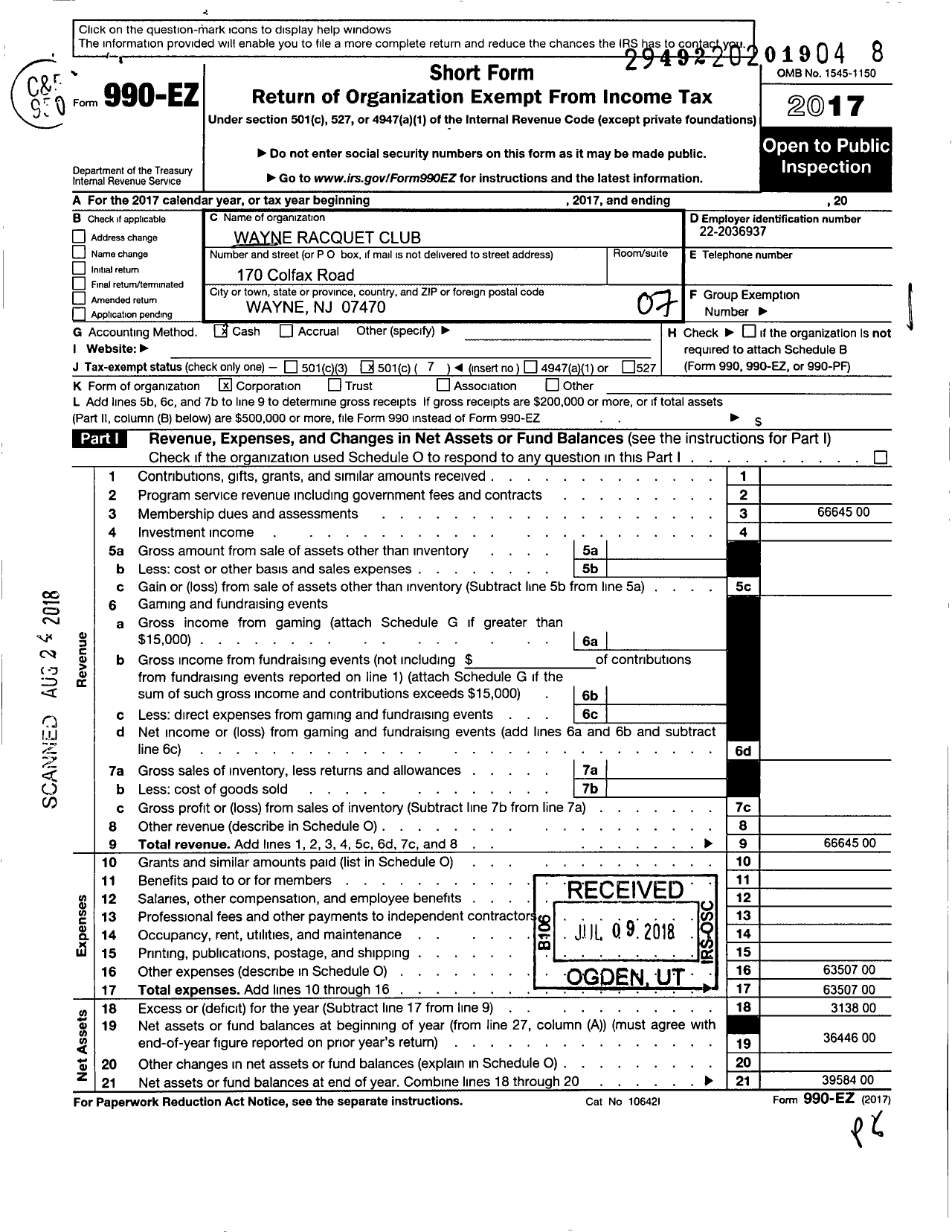 Image of first page of 2017 Form 990EO for Wayne Racquet Club