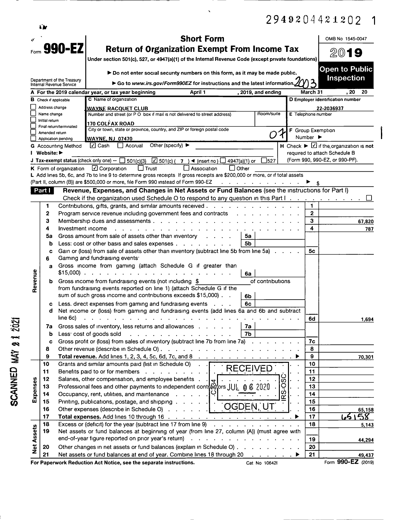 Image of first page of 2019 Form 990EO for Wayne Racquet Club