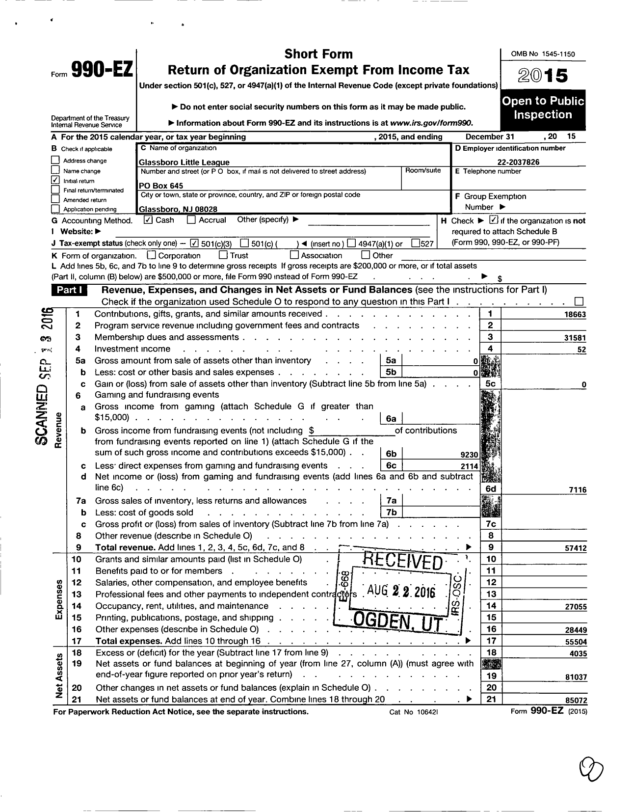 Image of first page of 2015 Form 990EZ for Little League Baseball - 2301507 Glassboro LL
