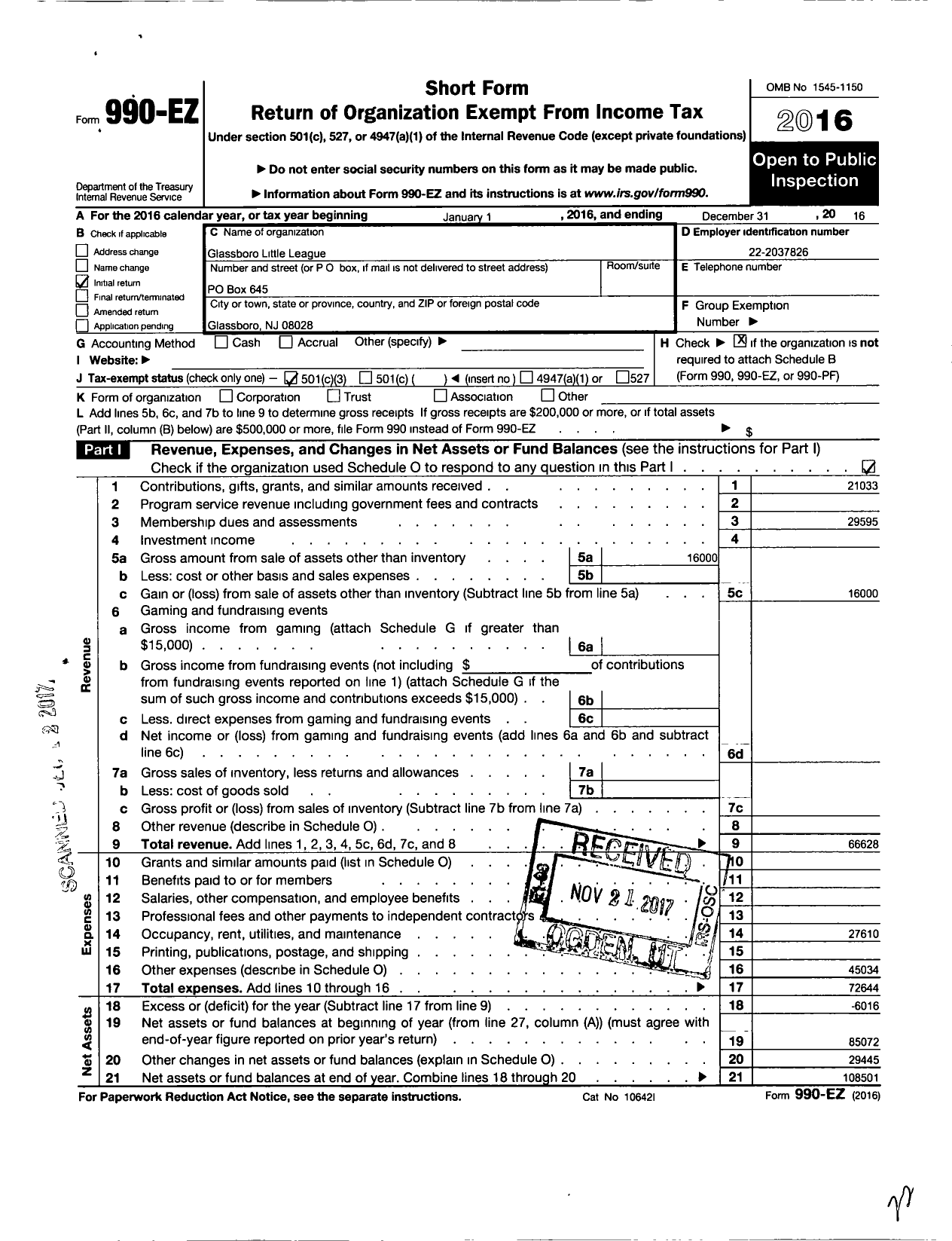 Image of first page of 2016 Form 990EZ for Little League Baseball - 2301507 Glassboro LL