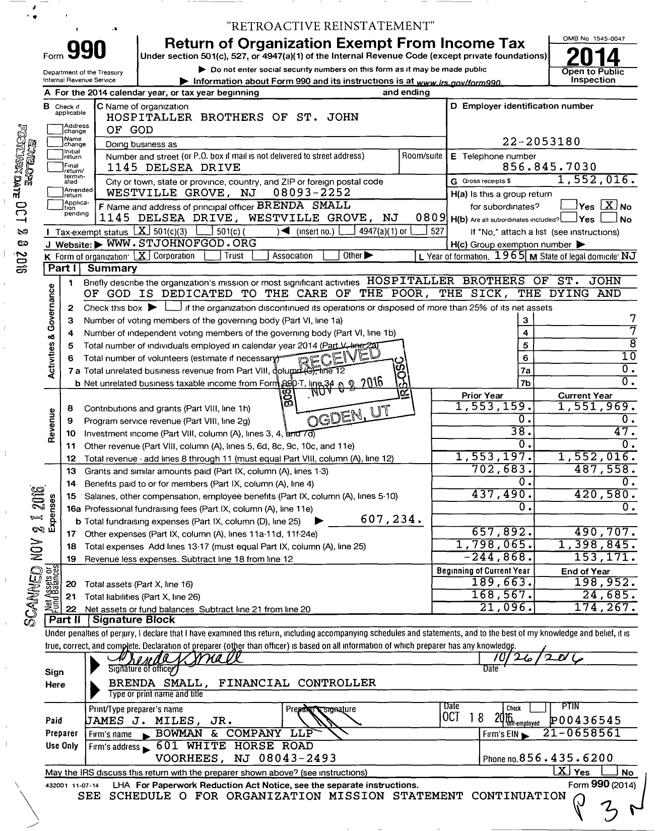 Image of first page of 2014 Form 990 for Hospitaller Brothers of St John of God