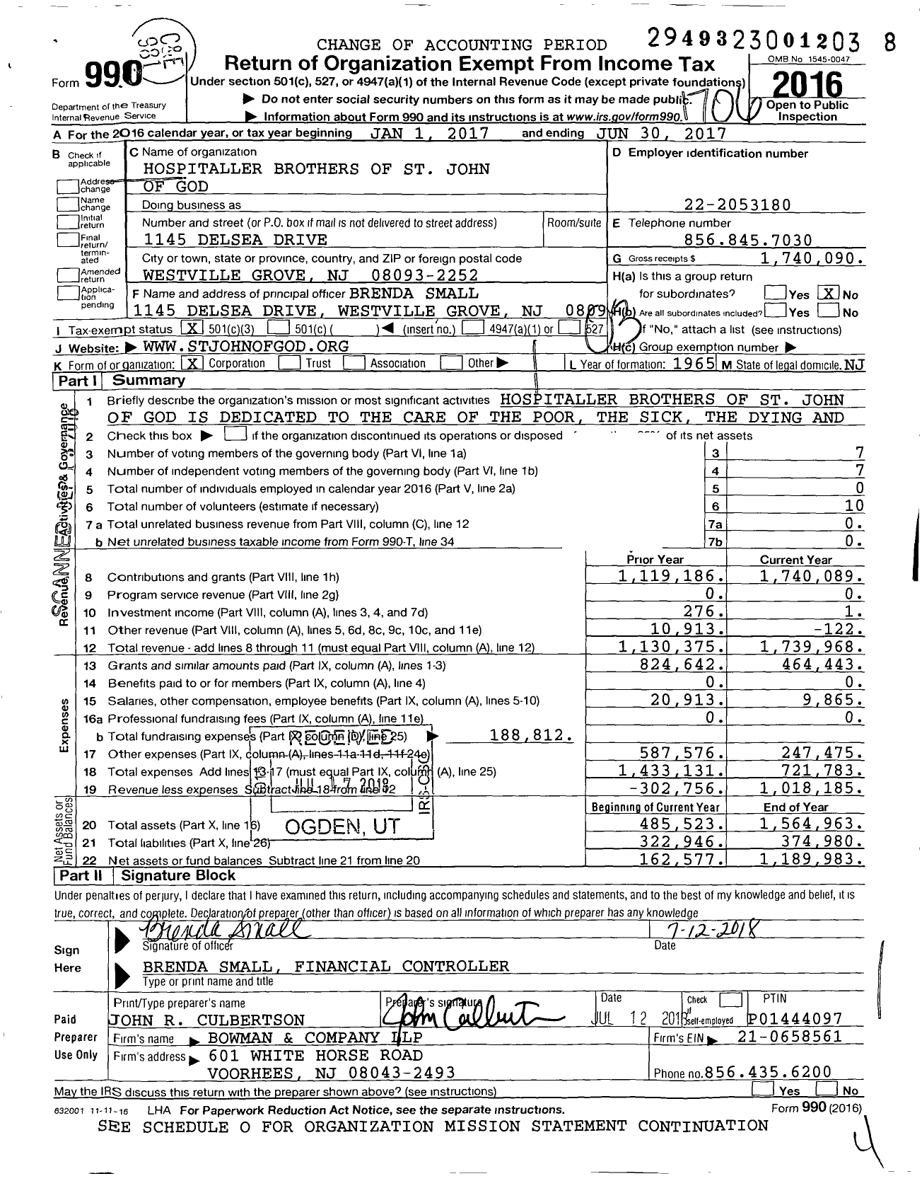 Image of first page of 2016 Form 990 for Hospitaller Brothers of St John of God