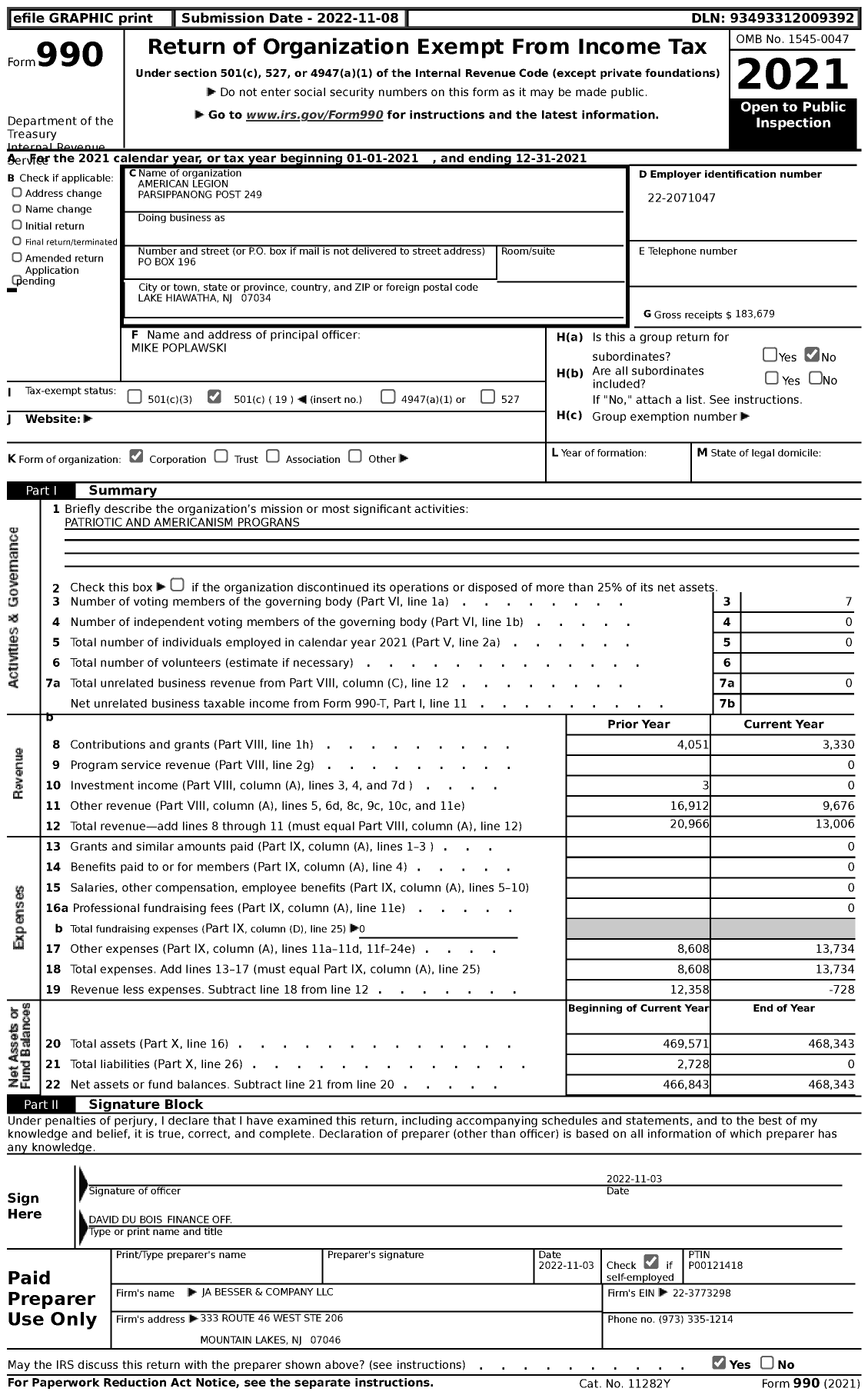 Image of first page of 2021 Form 990 for American Legion - 249 Parsippanong