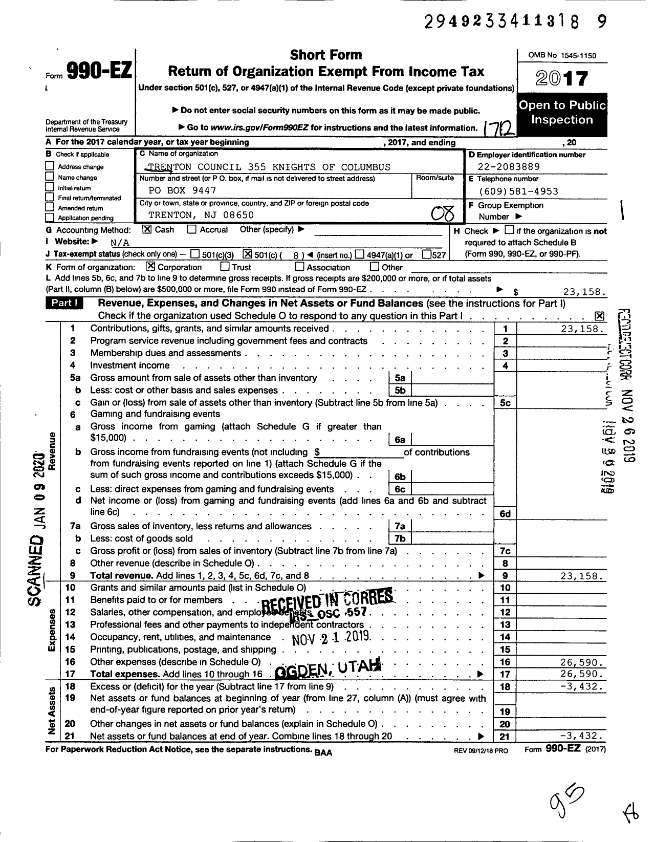 Image of first page of 2017 Form 990EO for Knights of Columbus - 355 Trenton Council