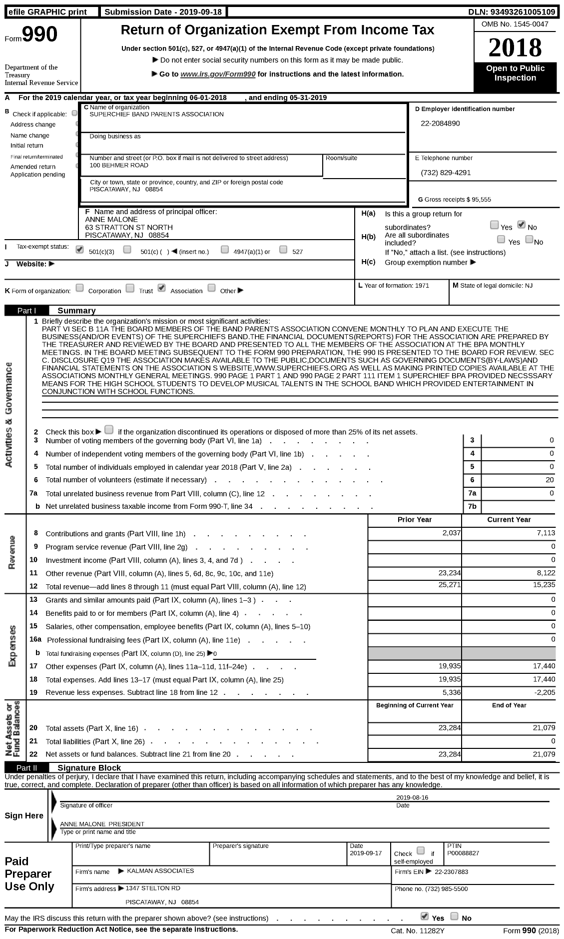 Image of first page of 2018 Form 990 for Superchief Band Parents Association