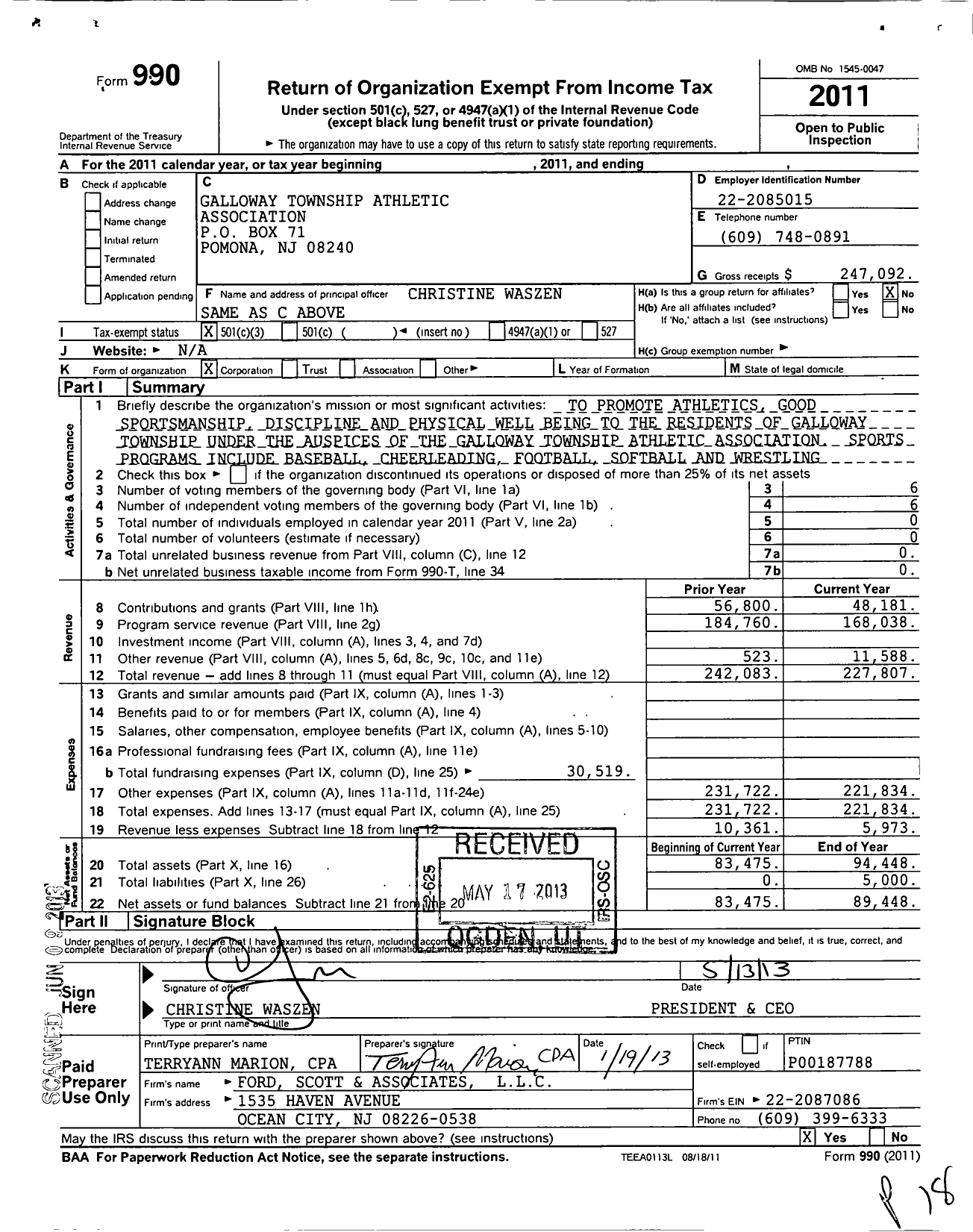 Image of first page of 2011 Form 990 for Galloway Township Athletic Association