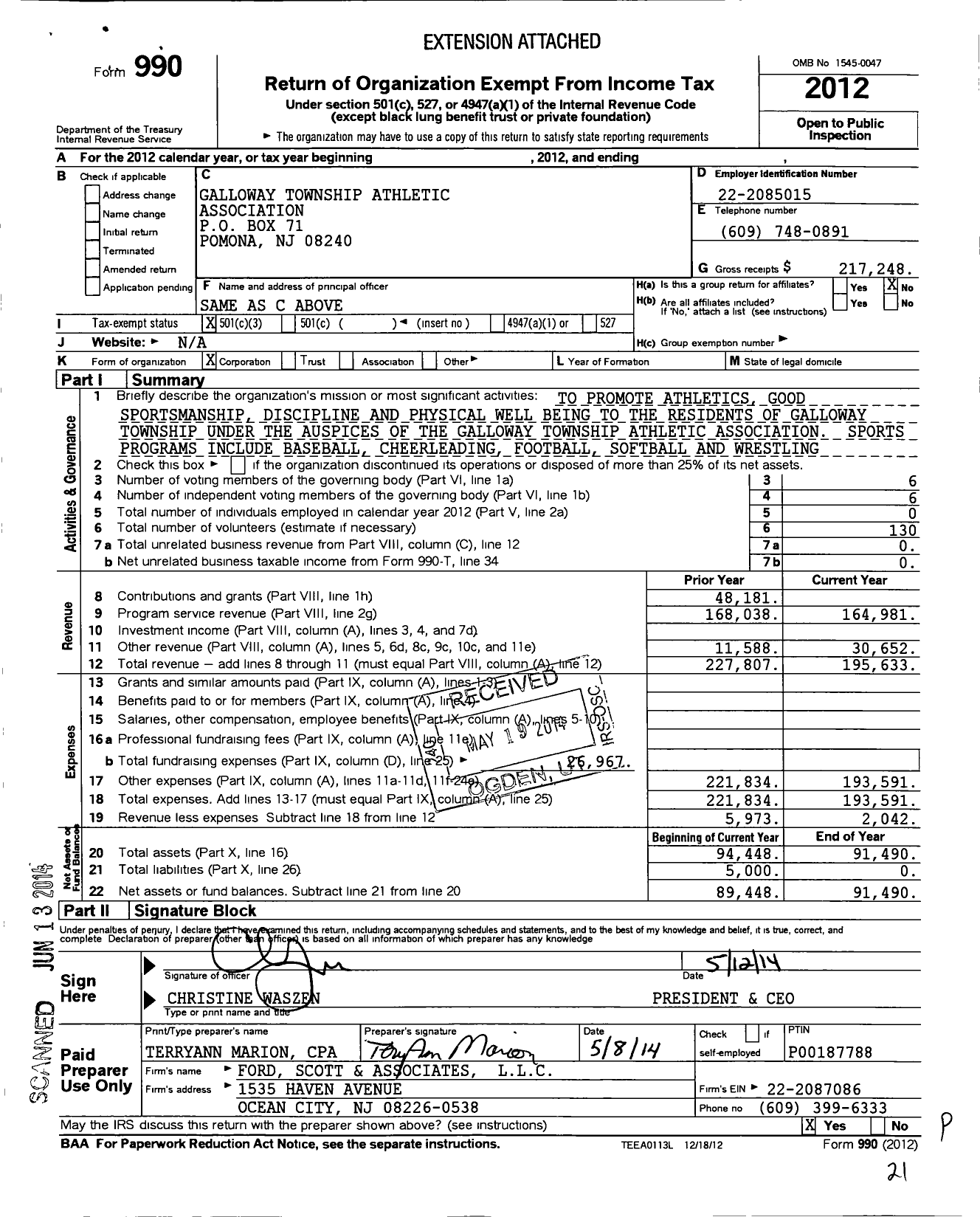 Image of first page of 2012 Form 990 for Galloway Township Athletic Association