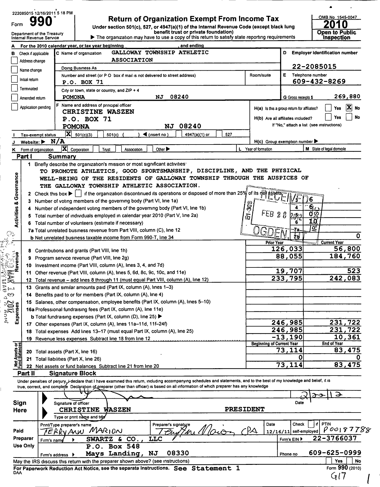 Image of first page of 2010 Form 990 for Galloway Township Athletic Association