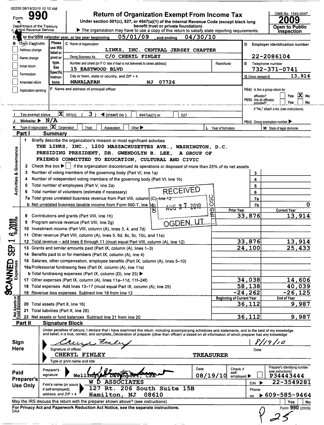 Image of first page of 2009 Form 990 for The Links Central New Jersey Chapter