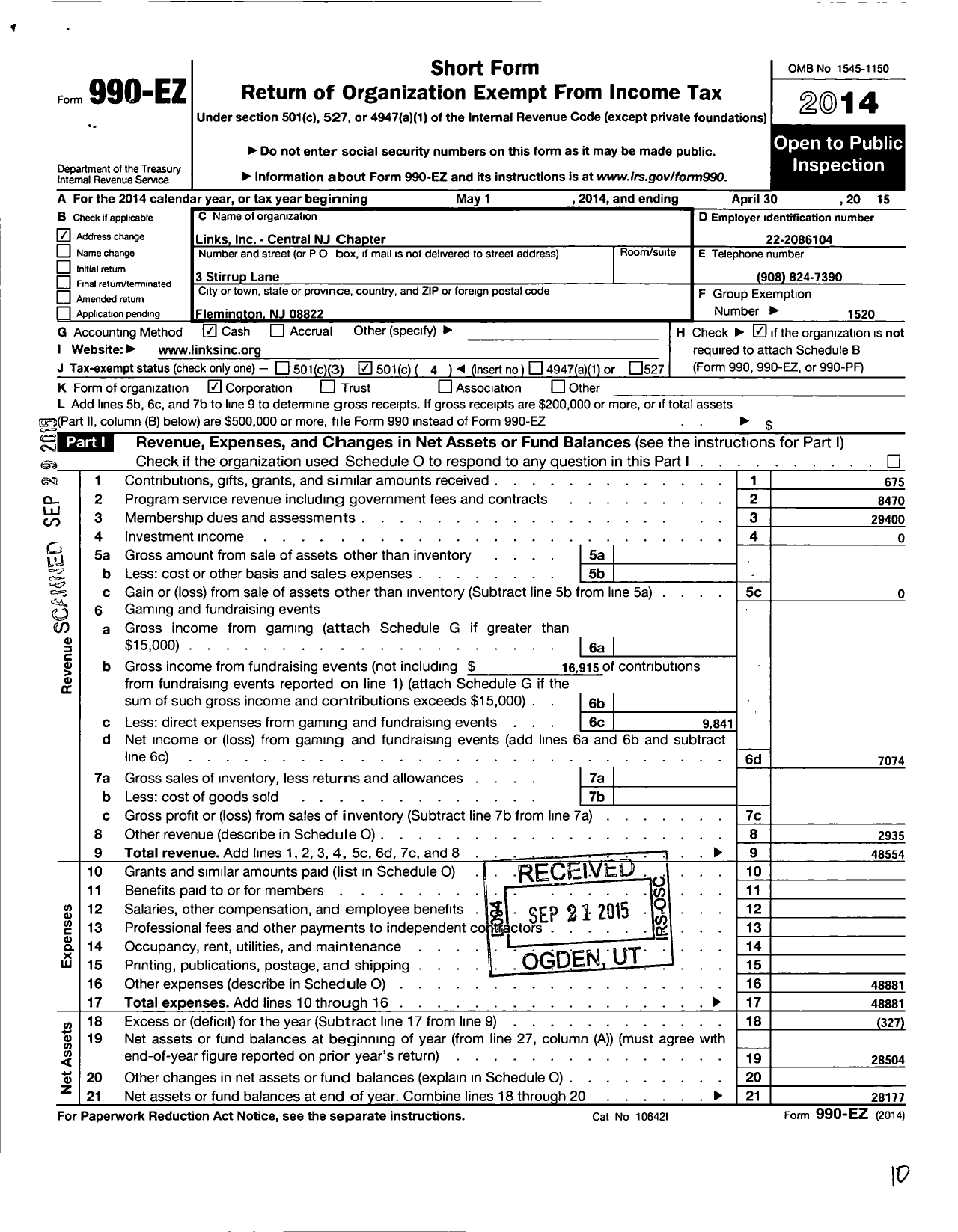 Image of first page of 2014 Form 990EO for The Links Central New Jersey Chapter