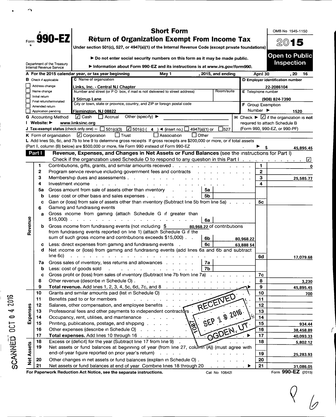 Image of first page of 2015 Form 990EO for The Links Central New Jersey Chapter