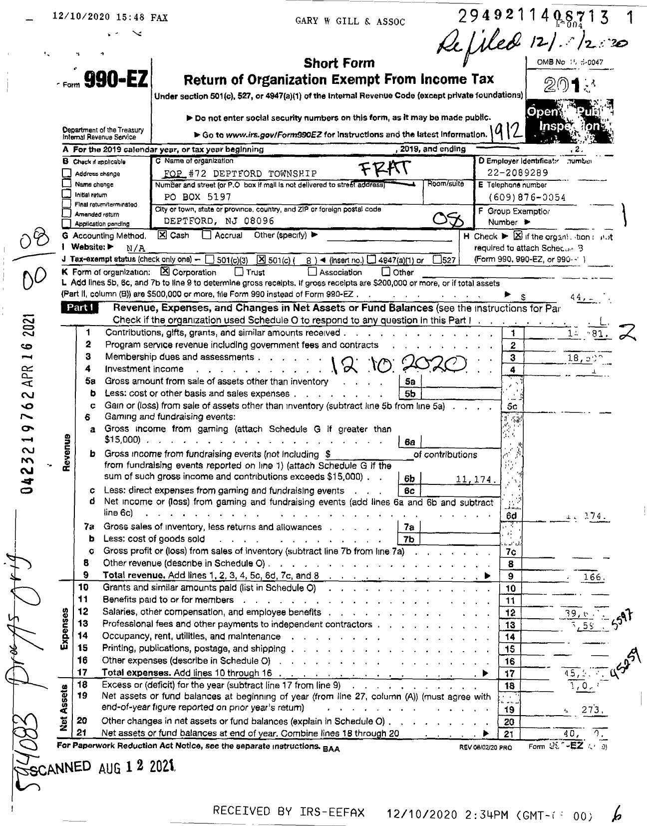 Image of first page of 2019 Form 990EO for Fraternal Order of Police - 72 Deptford TWP Lodge