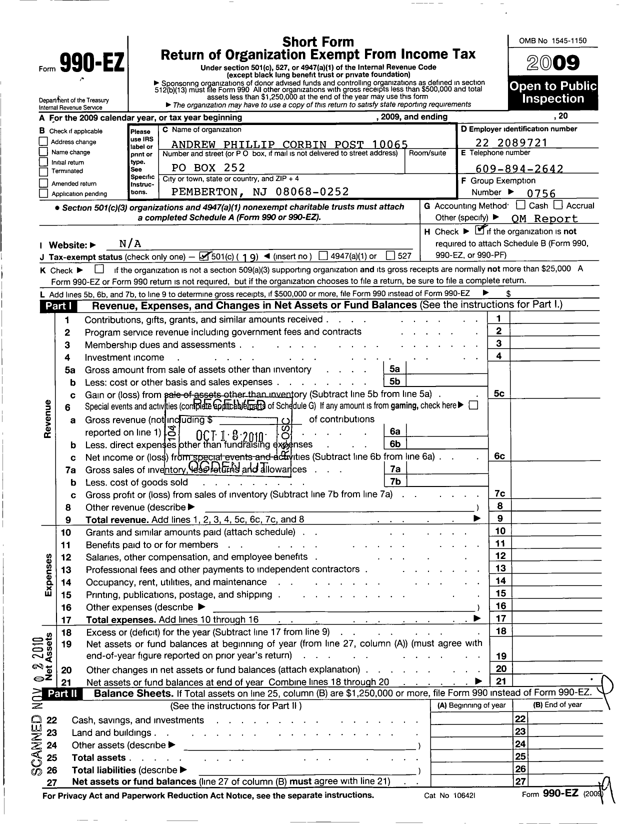 Image of first page of 2009 Form 990EO for Department of New Jersey VFW - 10065 Andrew Phillip Corbin