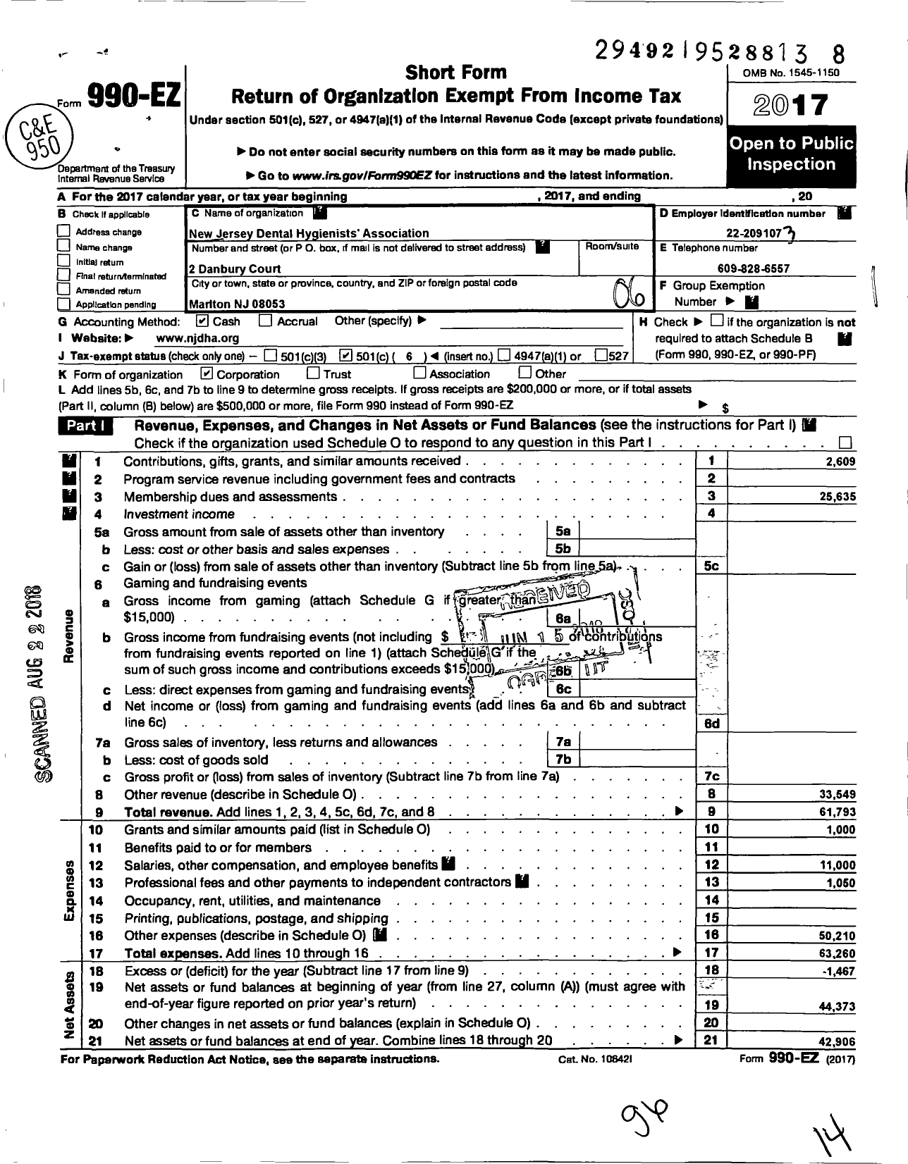 Image of first page of 2017 Form 990EO for New Jersey Dental Hygienists Association