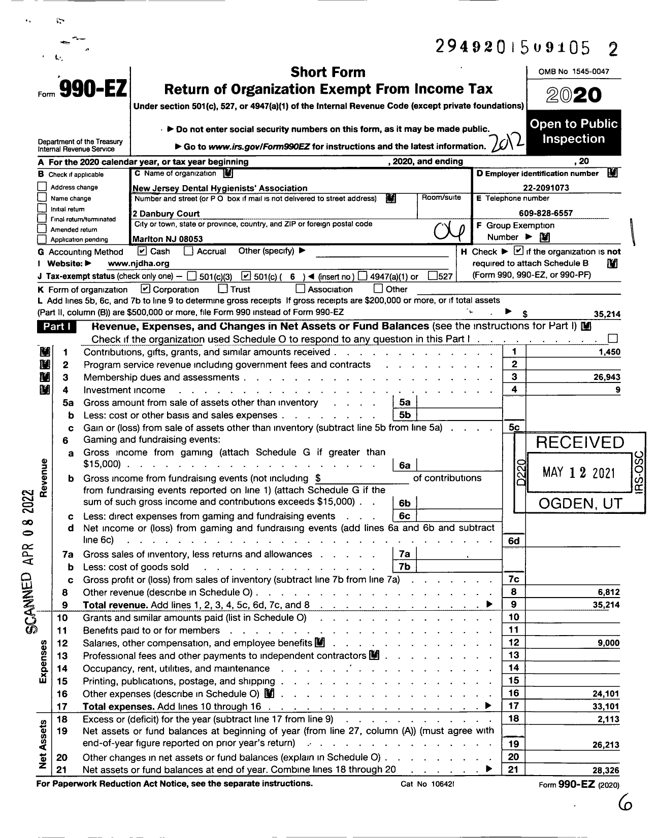 Image of first page of 2020 Form 990EO for New Jersey Dental Hygienists Association