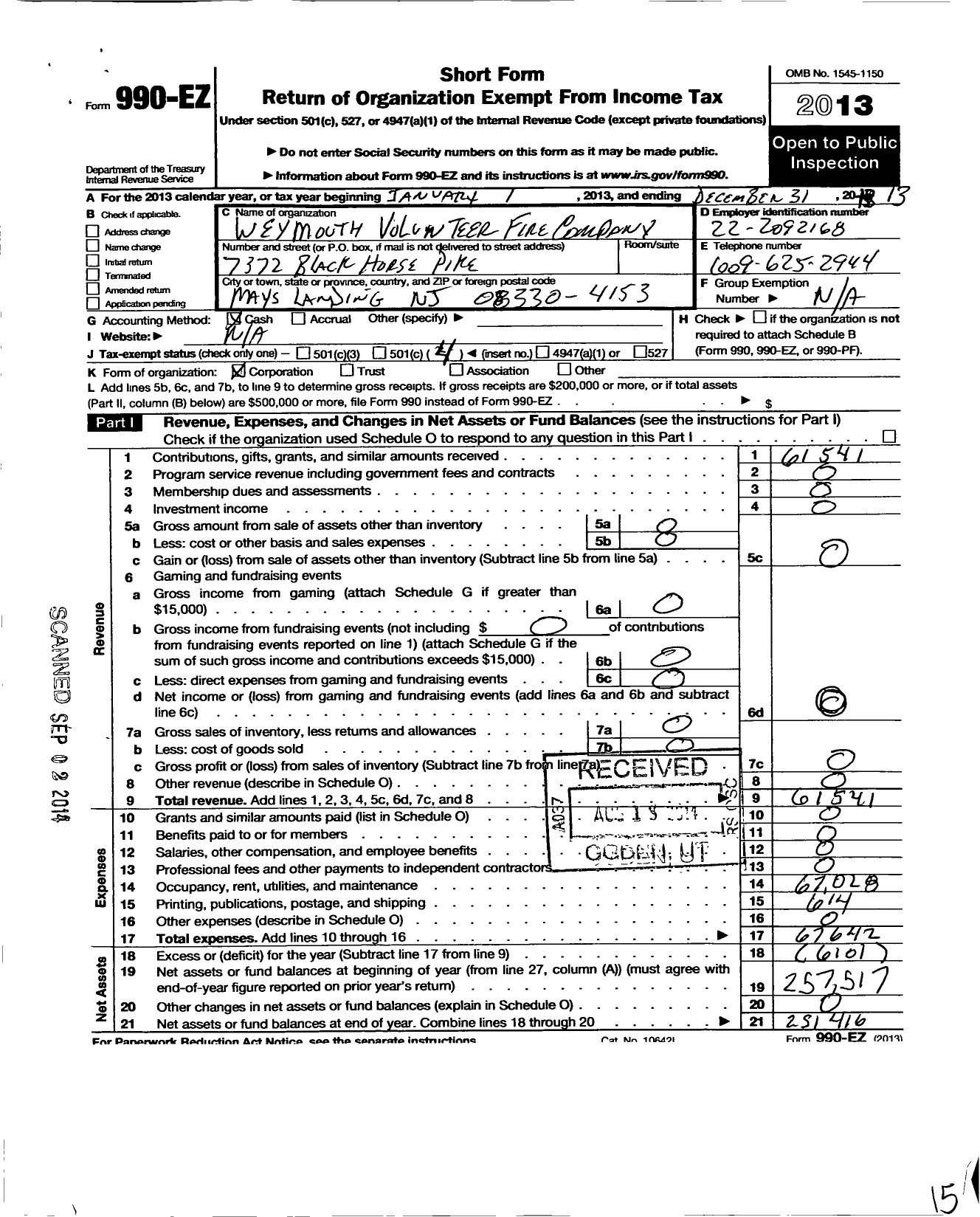 Image of first page of 2013 Form 990EO for Weymouth Volunteer Fire Company