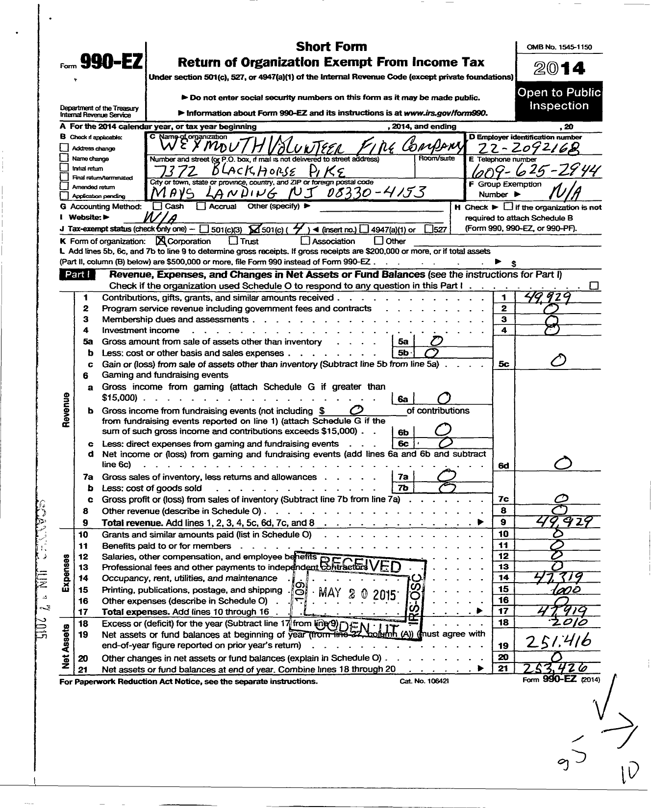 Image of first page of 2014 Form 990EO for Weymouth Volunteer Fire Company