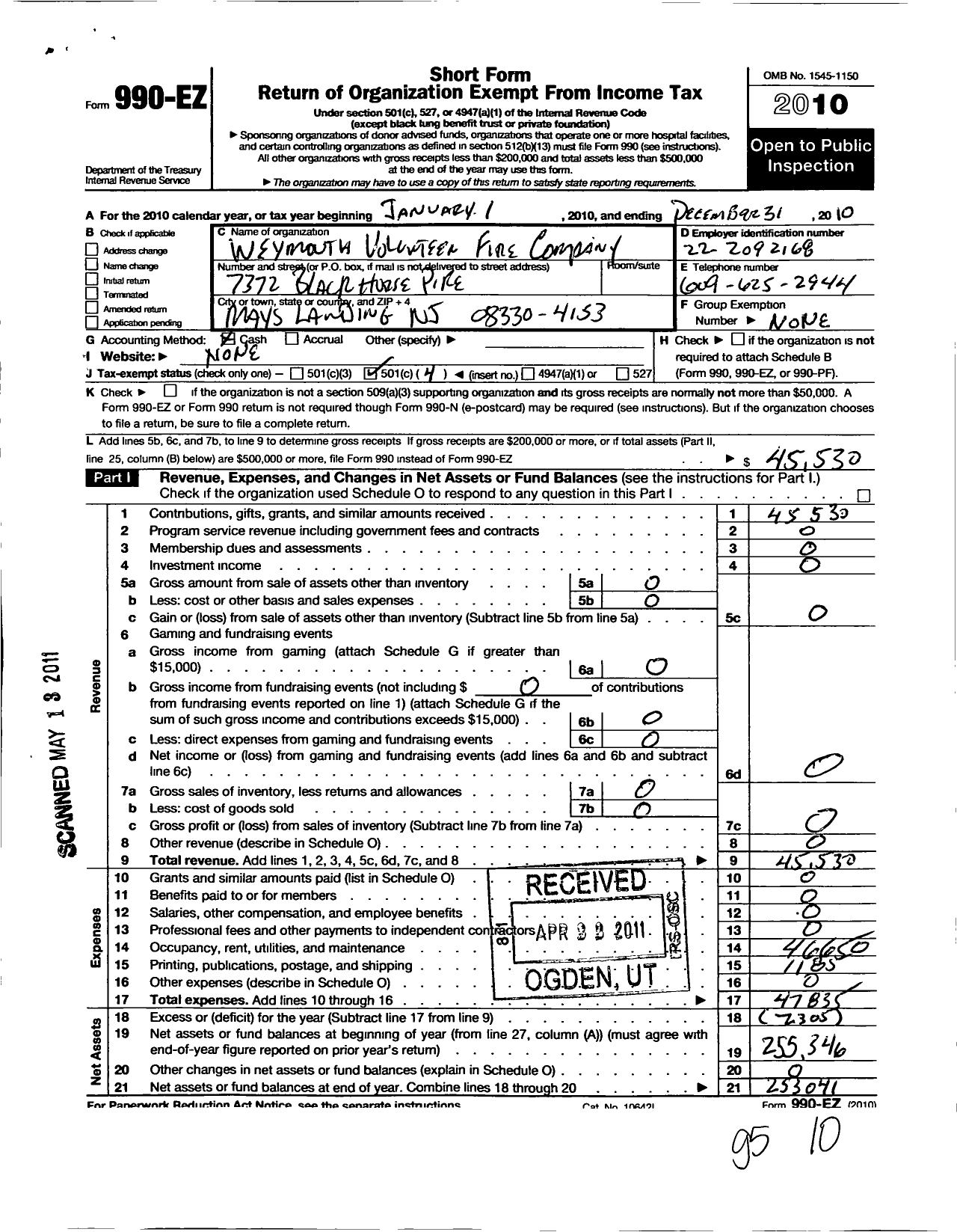 Image of first page of 2010 Form 990EO for Weymouth Volunteer Fire Company
