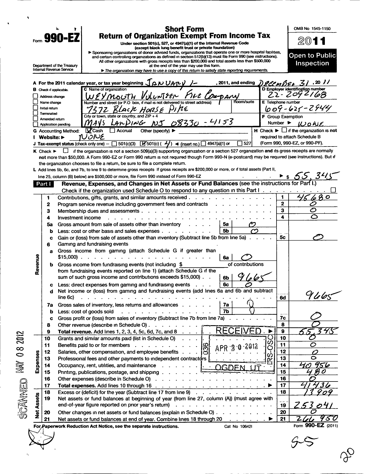 Image of first page of 2011 Form 990EO for Weymouth Volunteer Fire Company