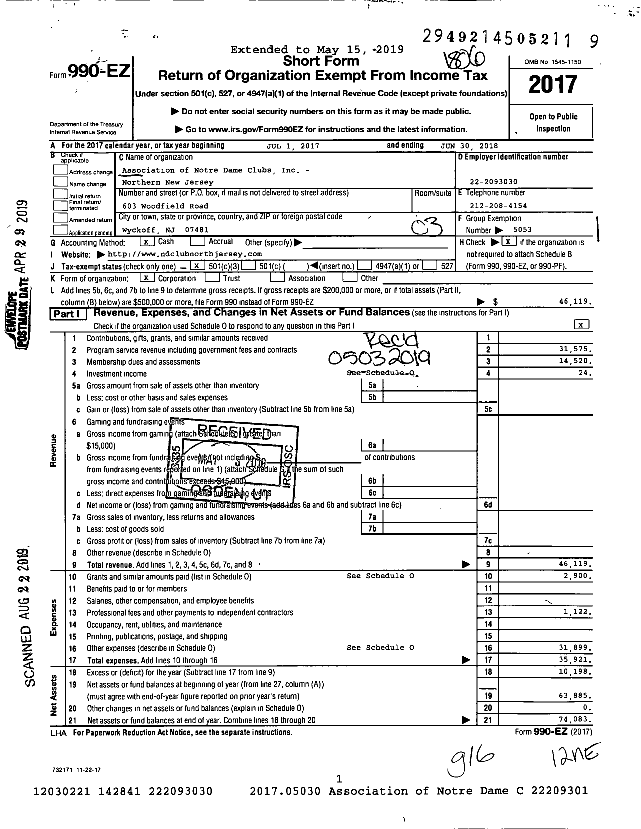 Image of first page of 2017 Form 990EZ for Association of Notre Dame Clubs Inc - Northern New Jersey