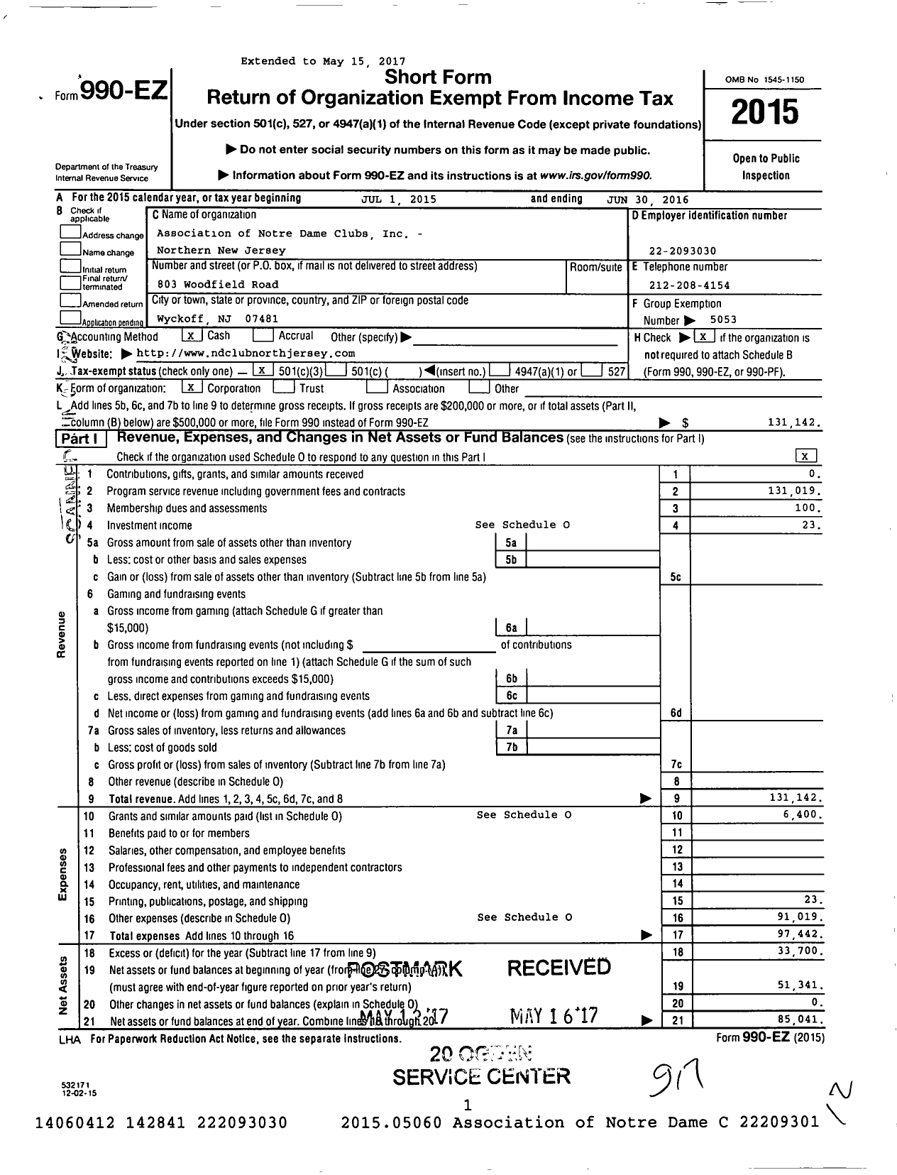 Image of first page of 2015 Form 990EZ for Association of Notre Dame Clubs Inc - Northern New Jersey