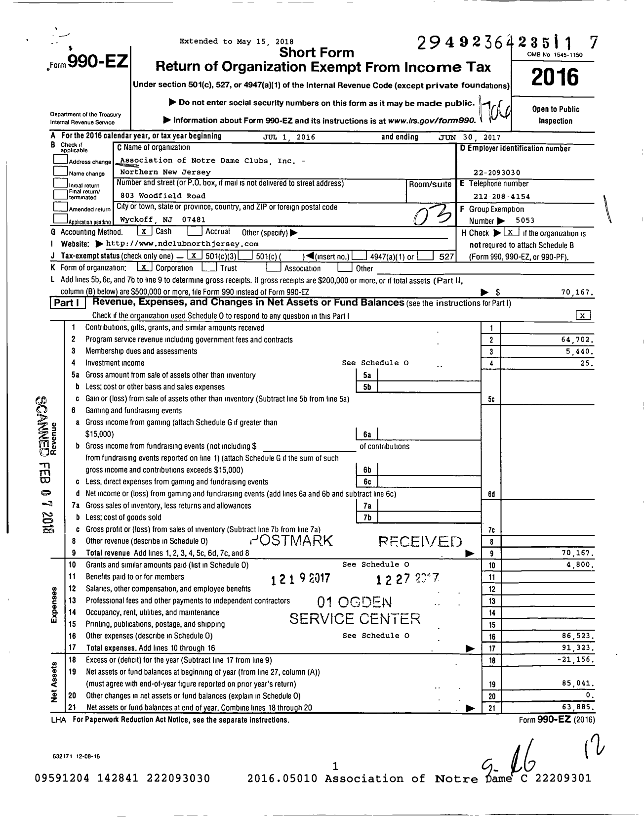 Image of first page of 2016 Form 990EZ for Association of Notre Dame Clubs Inc - Northern New Jersey