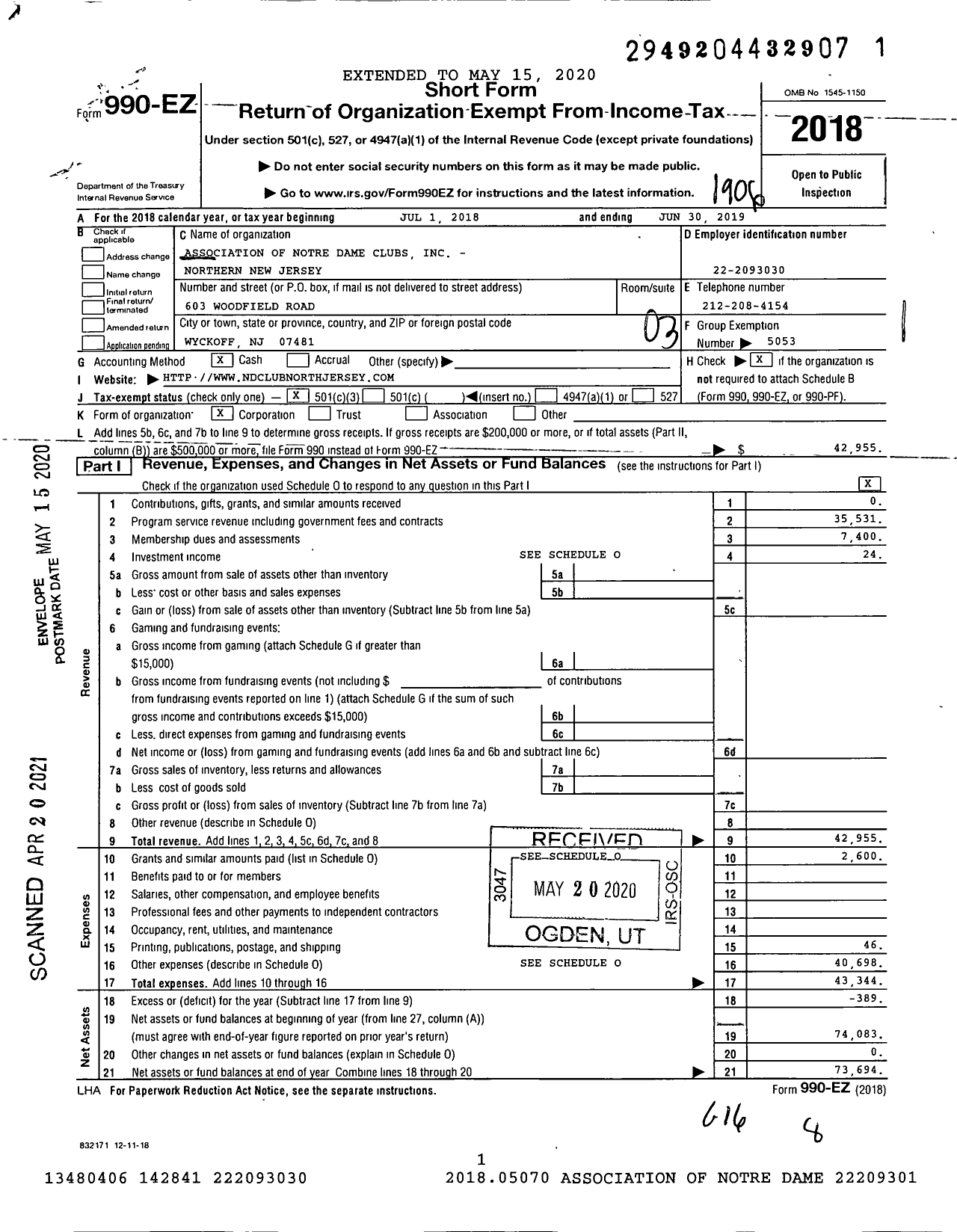 Image of first page of 2018 Form 990EZ for Association of Notre Dame Clubs Inc - Northern New Jersey