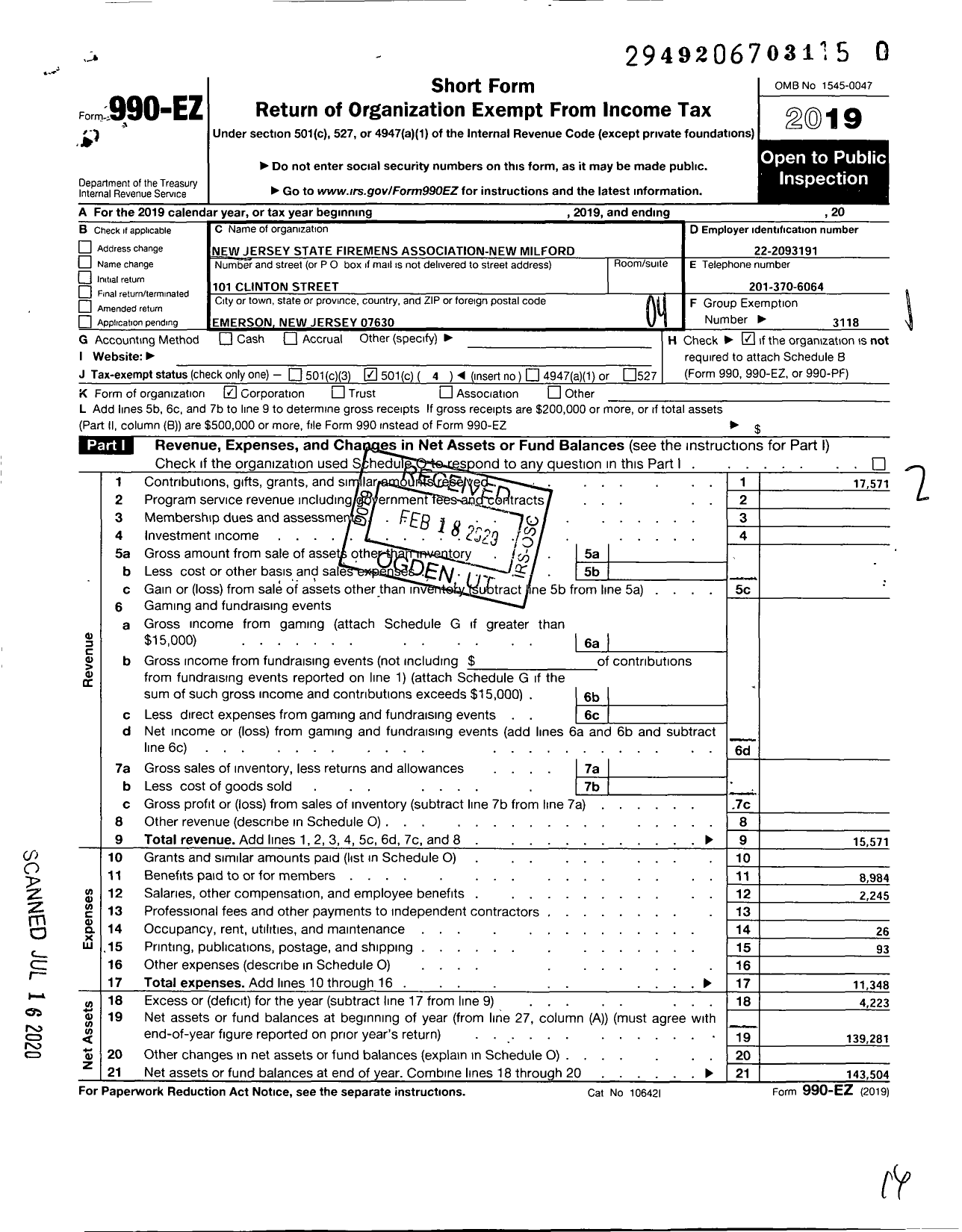 Image of first page of 2019 Form 990EO for New Jersey State Firemen's Association - New Milford